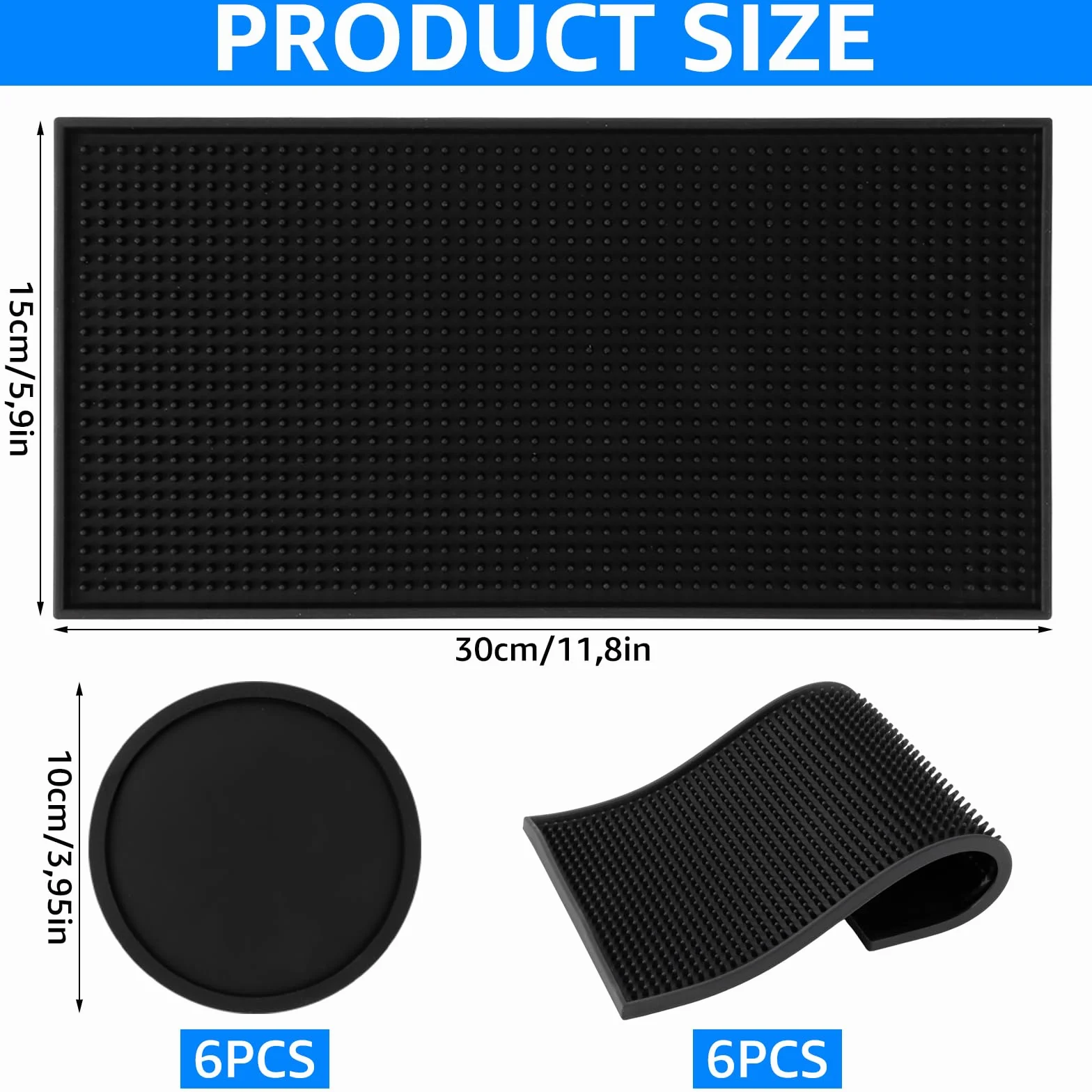 Set di 6 tappetini da bar 30 x 15 cm con 6 sottobicchieri, tappetini antigoccia in silicone, per bar, club, caffetteria, ristorante, cucina