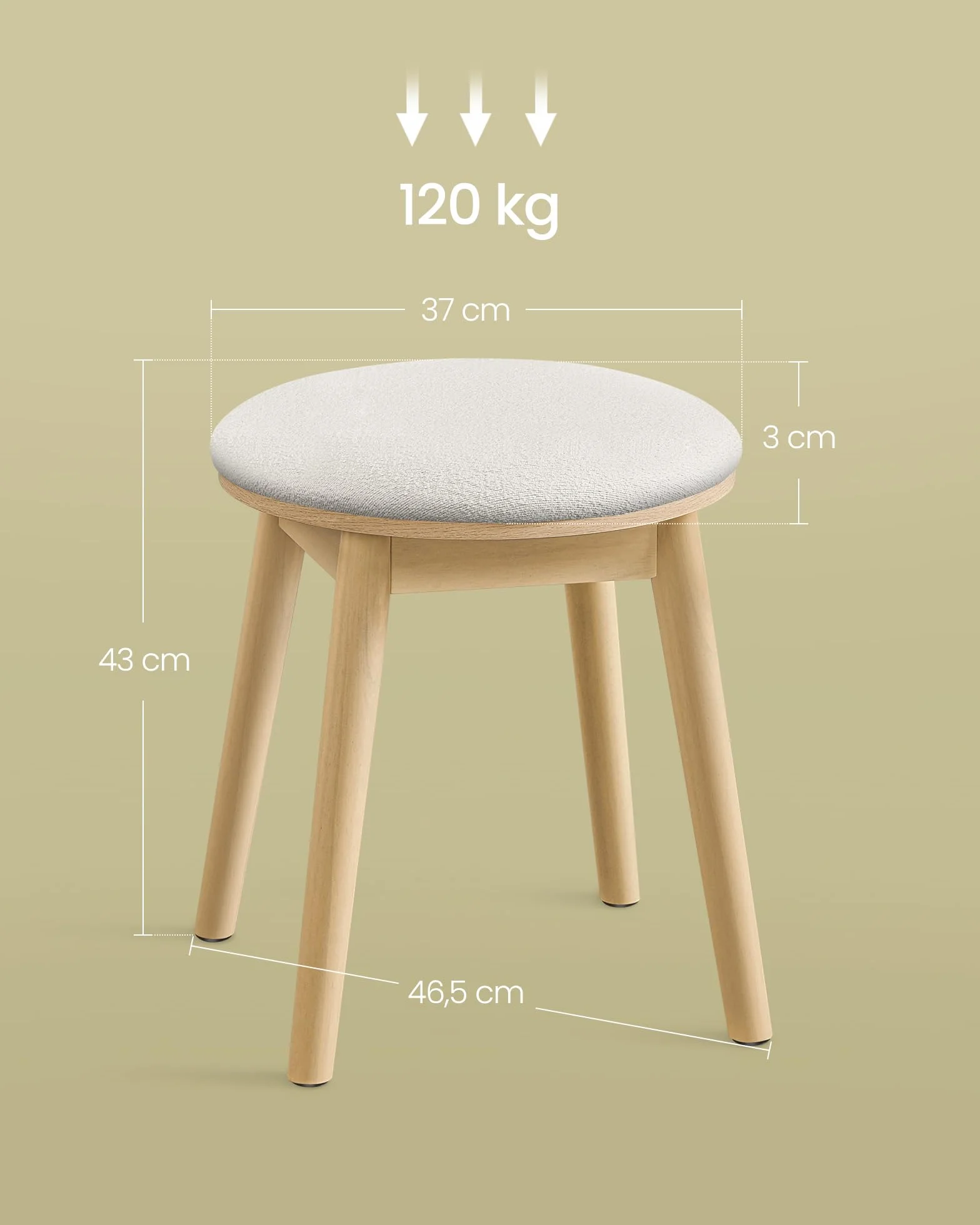 SONGMICS HOME BOHOVEN Collezione - Sgabello per Toeletta e Trucco, Gambe in Legno, Poggiapiedi Rotondo, Cuscinetti Antiscivolo, per Camera da Letto, Bianco Crema e Beige Rovere