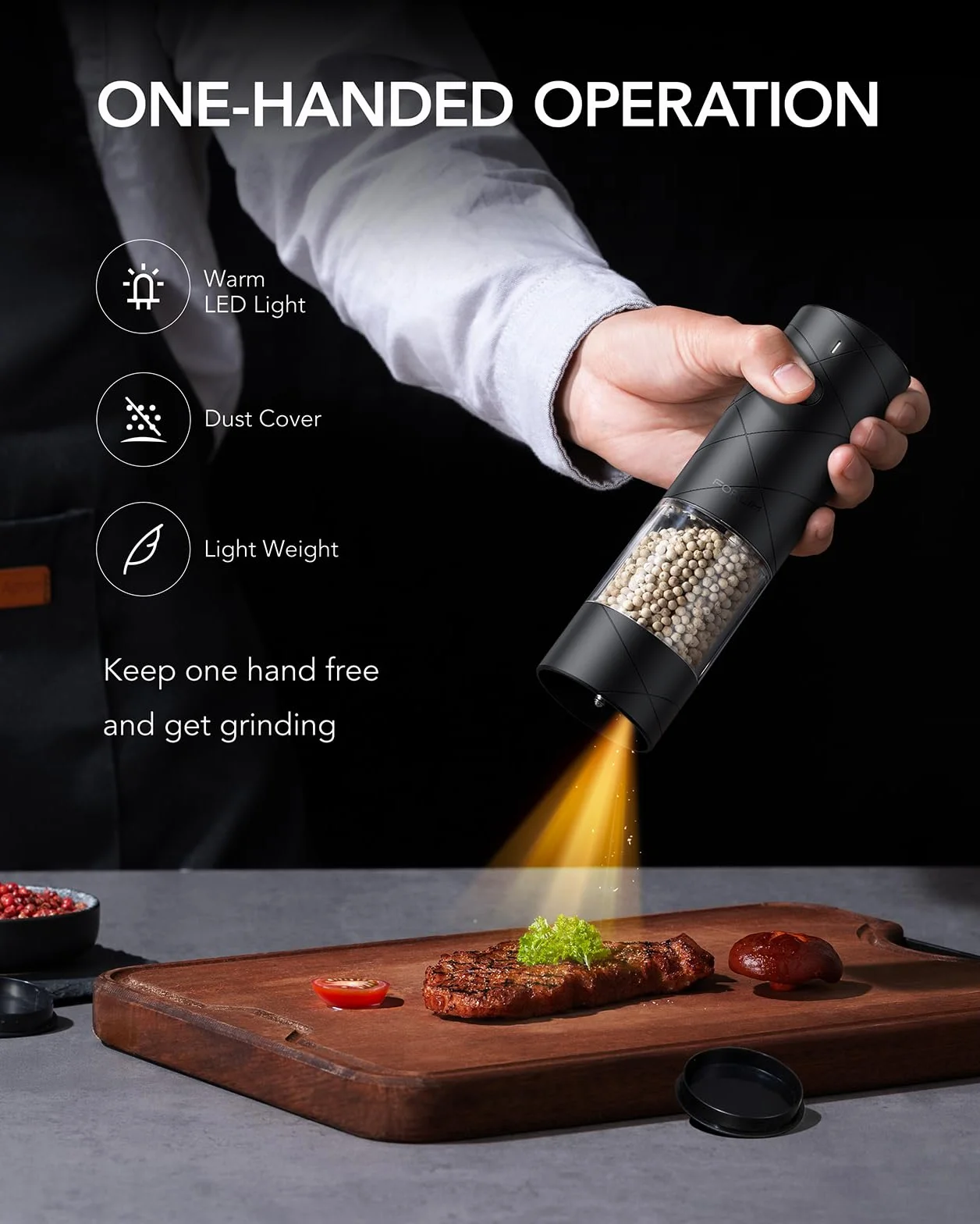 FORLIM Set macina sale e pepe elettrico ricaricabile tramite USB, macinapepe elettrico con LED, con macina in ceramica regolabile, macinino spezie, 7 livelli di spessore regolabili (nero + bianco)