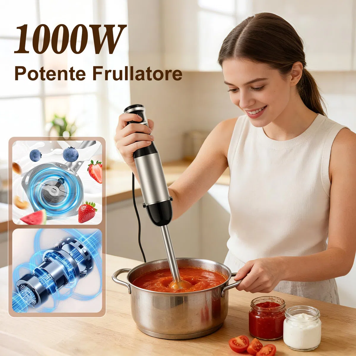 1000 W Frullatore a Immersione, 5 in 1 Frullatore Tritatutto Multifunzionale Con Velocità Regolabile, Include Frusta, Montalatte, Tritatutto da 500 ml e Misurino da 600 ml