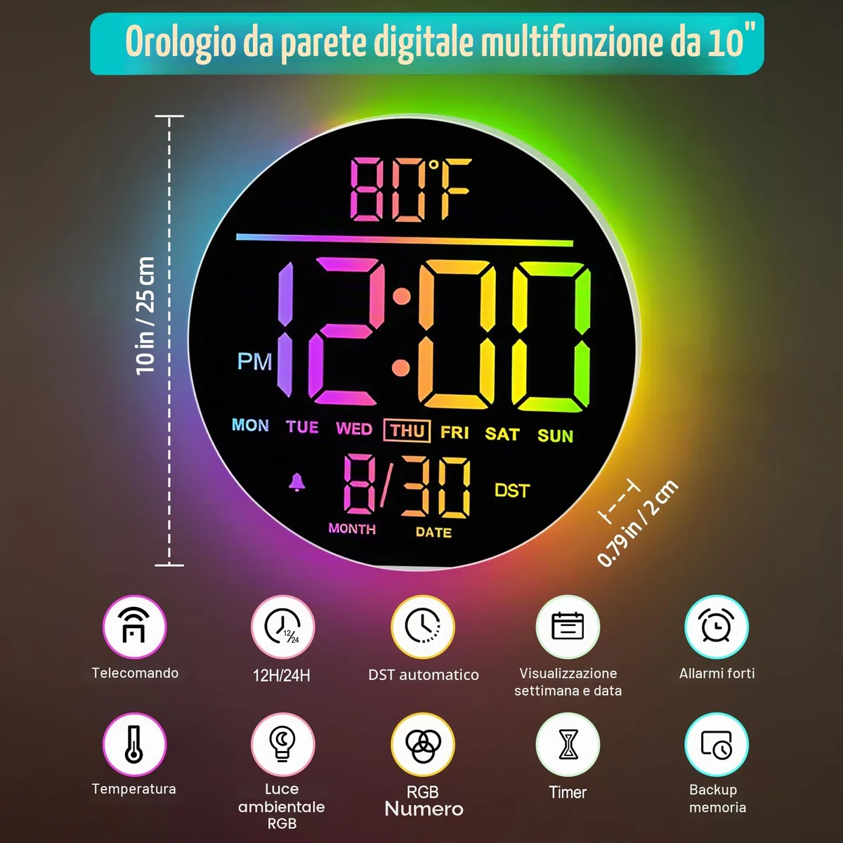Maxstar Orologio Digitale da Parete 10" Grande con Telecomando, Display LED Moderno 8 RGB, Luminosità Auto, Termometro, Decorativo Sveglia - Ideale per Soggiorno, Camera da Letto, Cucina - Bianco