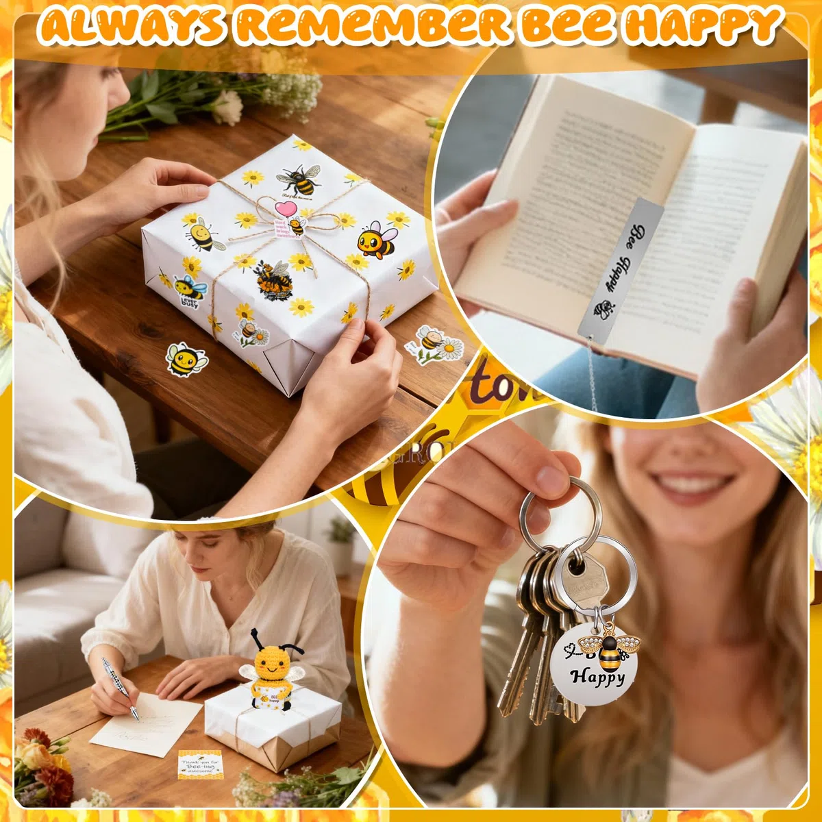 SelfTek Regali con ape per donne - Set regalo ape miele include bicchiere in acciaio inossidabile da 355 ml, ape all'uncinetto, borsa cosmetica, portachiavi, segnalibro, adesivi per regalo di
