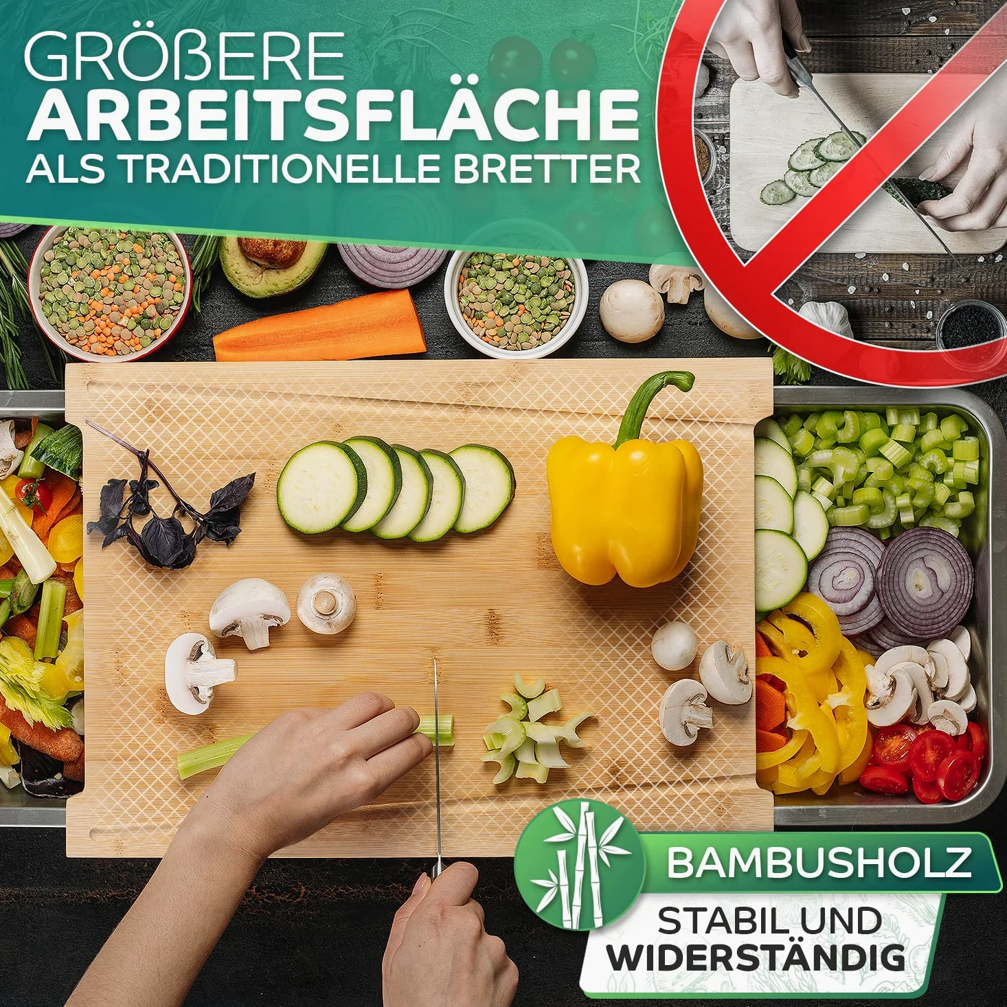 Loco Bird Premium Chopping Board con vassoi di raccolta - Gadget ideale per la cucina - Set - Tavola da cucina in bambù con 2 vassoi in acciaio inossidabile - Aiuto in cucina per cucinare