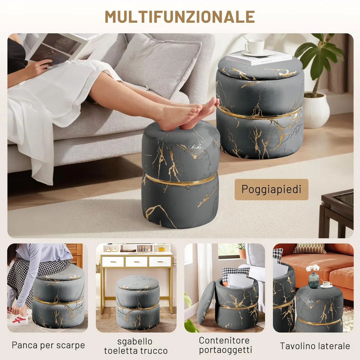 Set 2 Sgabelli Contenitori Rotondi con Seduta Imbottita, Poggiapiedi, Sgabello per Toeletta Trucco, Grigio Velluto