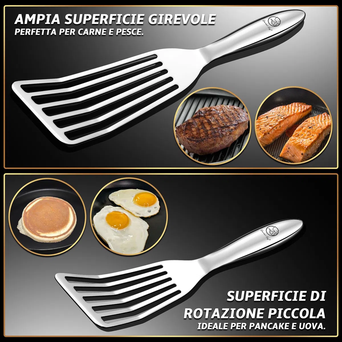 Set di Paletta cucina in acciaio inox - 1x Spatola per Pesce e Spatola per Cucinare Carne Gnocchi Uova - Impugnatura ergonomica - Lavabili in Lavastoviglie
