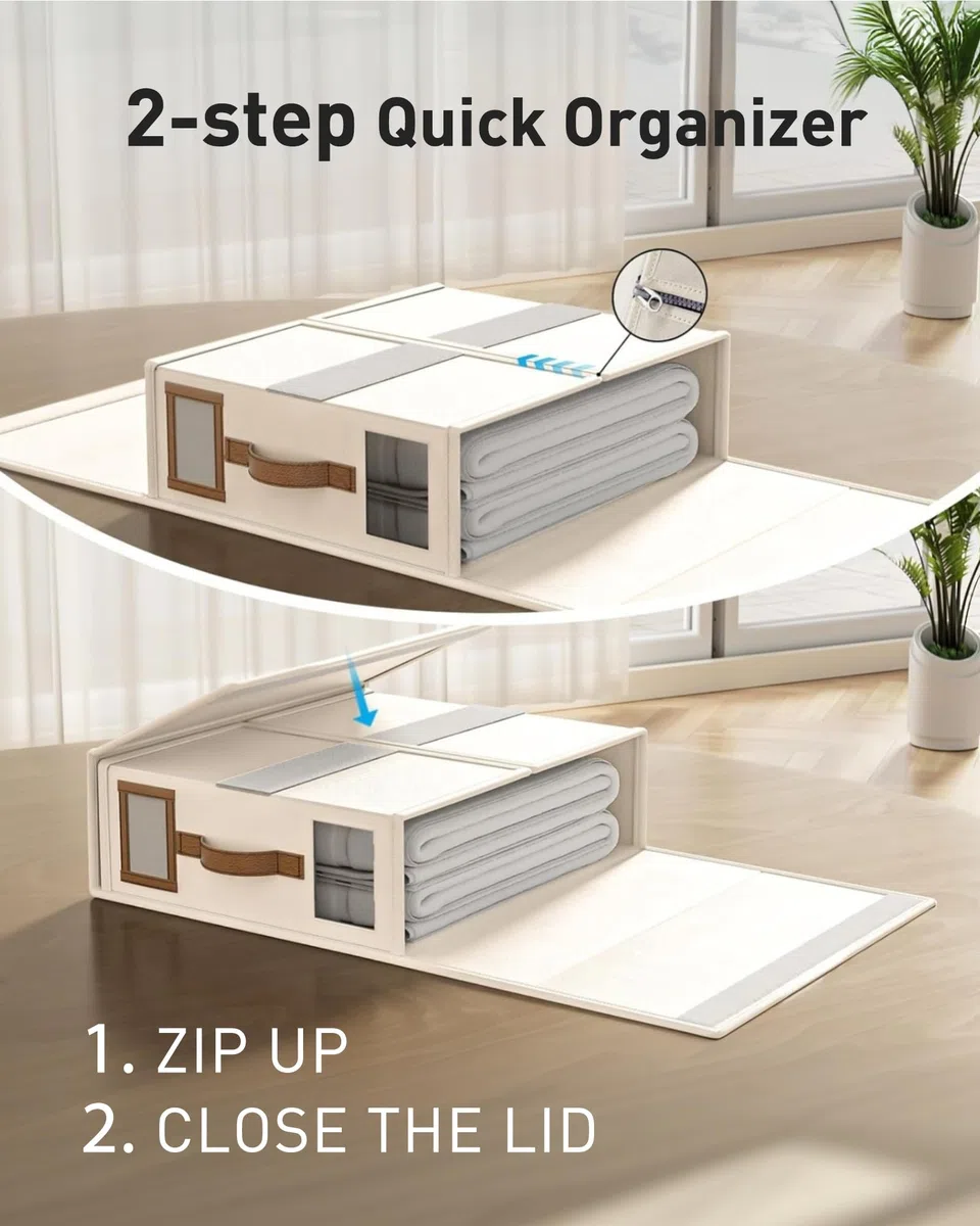 Lino Organizer Lenzuola per Armadio, 3 Scatola Organizer per Biancheria Pieghevole con Cerniera e finestra, Scatole Per Rigide da Letto per Lenzuola, Copripiumini, Vestiti e Coperte, Beige