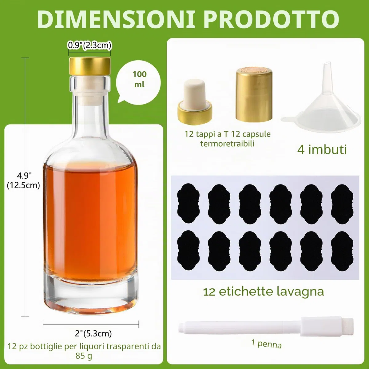 YBCPACK 12 piccole bottiglie di vetro da riempire da 100 ml, bottiglie vuote di liquore, grappa con tappo, tappo termoretraibile, imbuto, etichette, penna, perfetta per zaba, liquori e succhi di