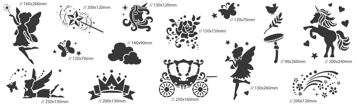 NAKLEO Stencil di Pittura per Bambini, Set di 14 Pezzi da 9x12 a 23x34cm Magia Fata Unicorno, Modelli Plastica e Riutilizzabili di Stanza Decorazione, Sagome DIY Fai-da-te, Mobili Muro Legno