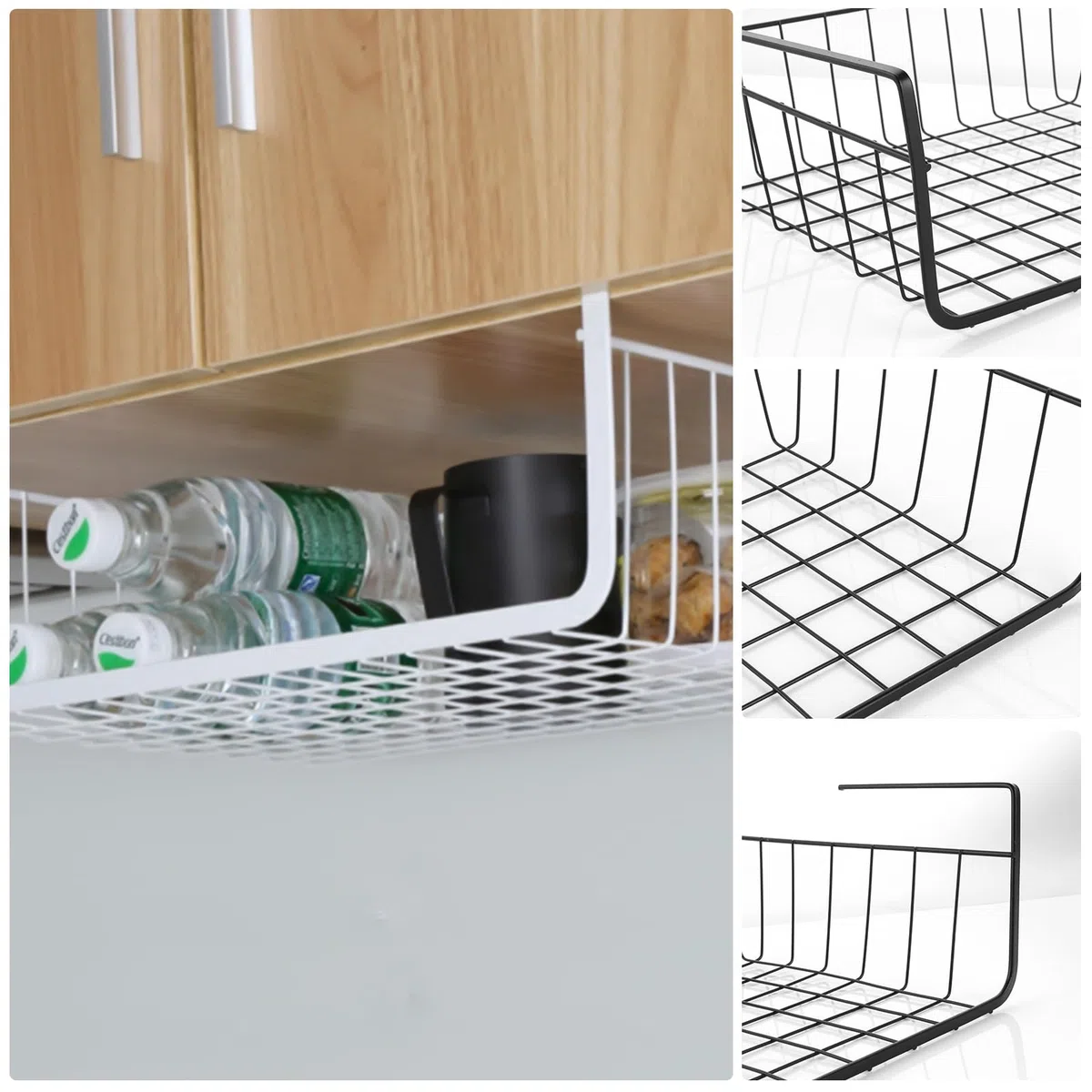 2 Pezzi Cestello Sotto Mensola Nero, Organizer Sottopensile Cucina 34 x 11,5 x 20,5 cm Senza Forare, Mensola Salvaspazio per Armadio Dispensa Bagno