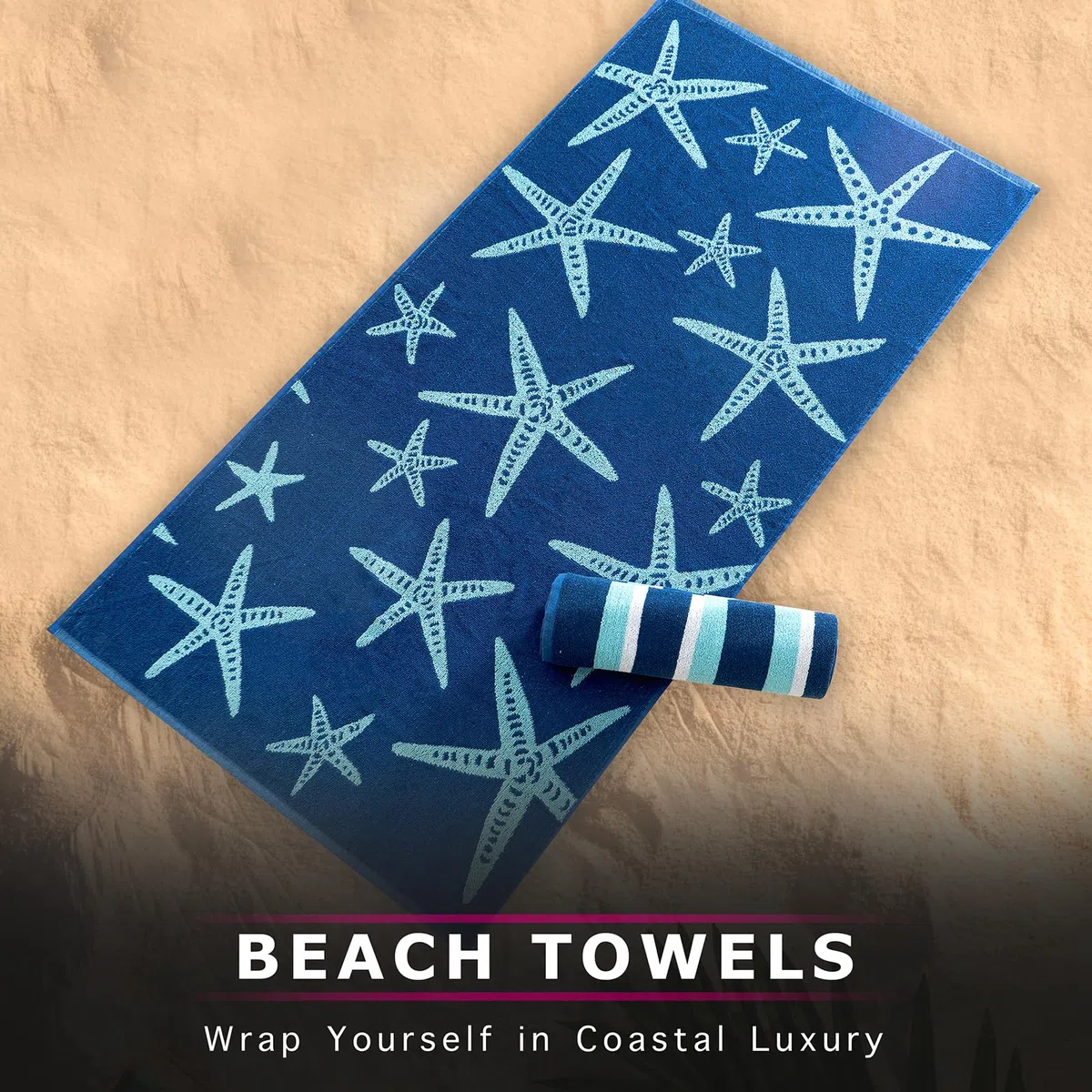 Casa Copenhagen Miami Teli da Spiaggia, Set Regalo da 2 Pezzi – Stelle Marine a Righe Blu Navy e Turchesi, Teli Piscina Extra-Large 75x150cm, 100% Cotone(Set Regalo Estivo Perfetto per Donne e Uomini)