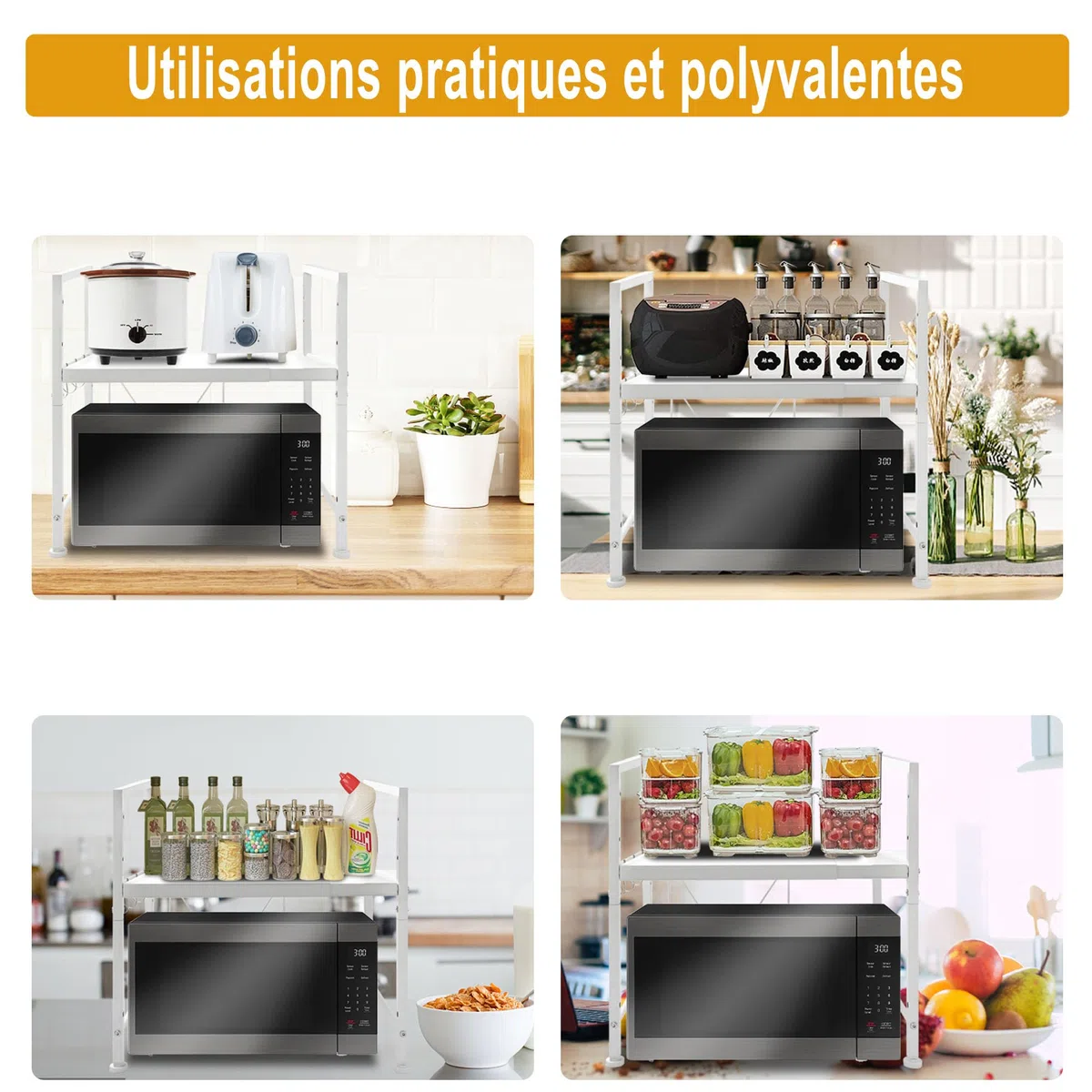 IBVIVIC 2 livelli, supporto estensibile in metallo, forno a microonde, supporto per scaffale per forno a microonde, altezza e larghezza regolabile, con 3 ganci per il posto per lo stoccaggio della