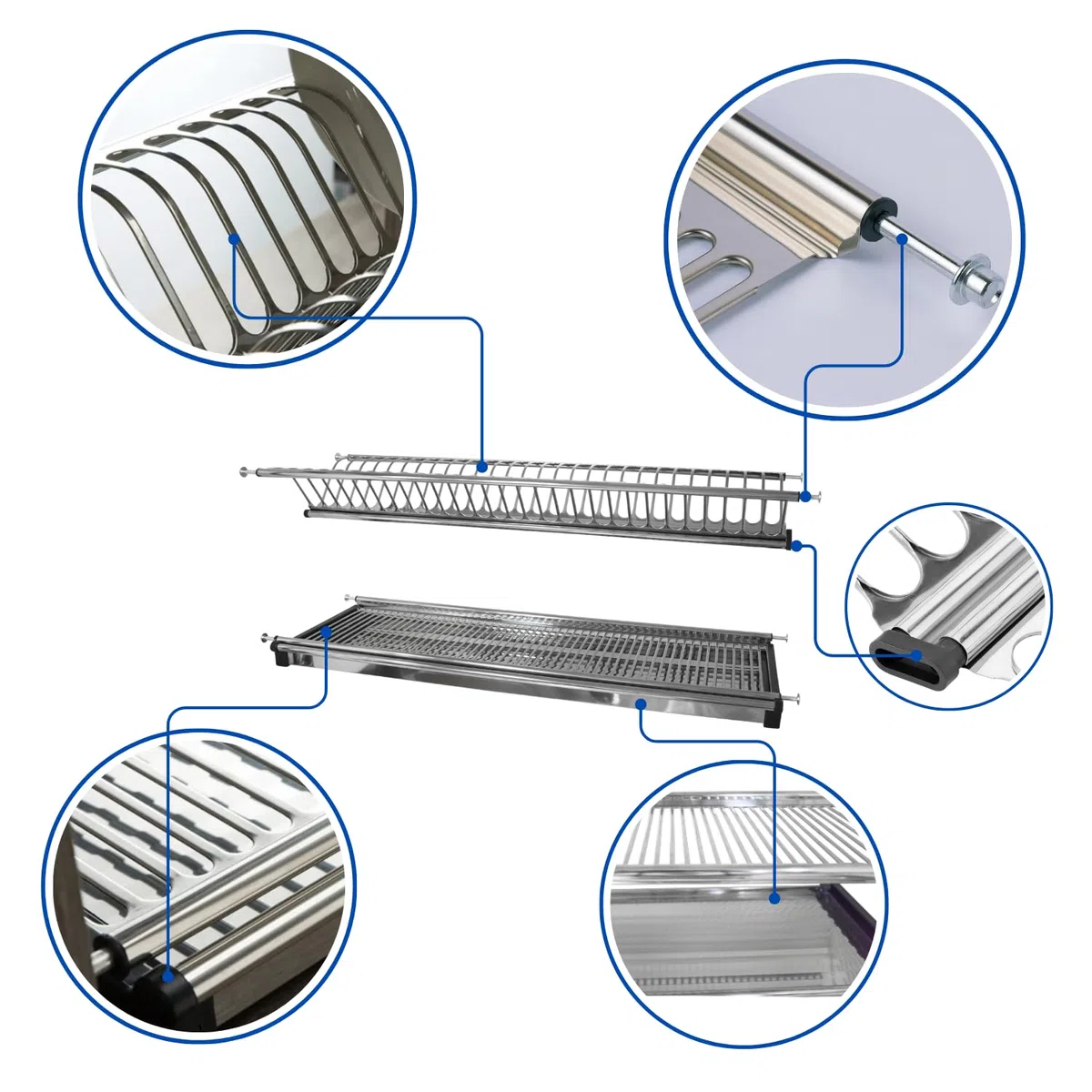 Evotrade Scolapiatti in Acciaio Inox ad Incasso con Molle Regolabili - Per Mobile Pensile - Kit con Raccogli Gocce e Griglia Bicchieri (Per Modulo 60 CM)