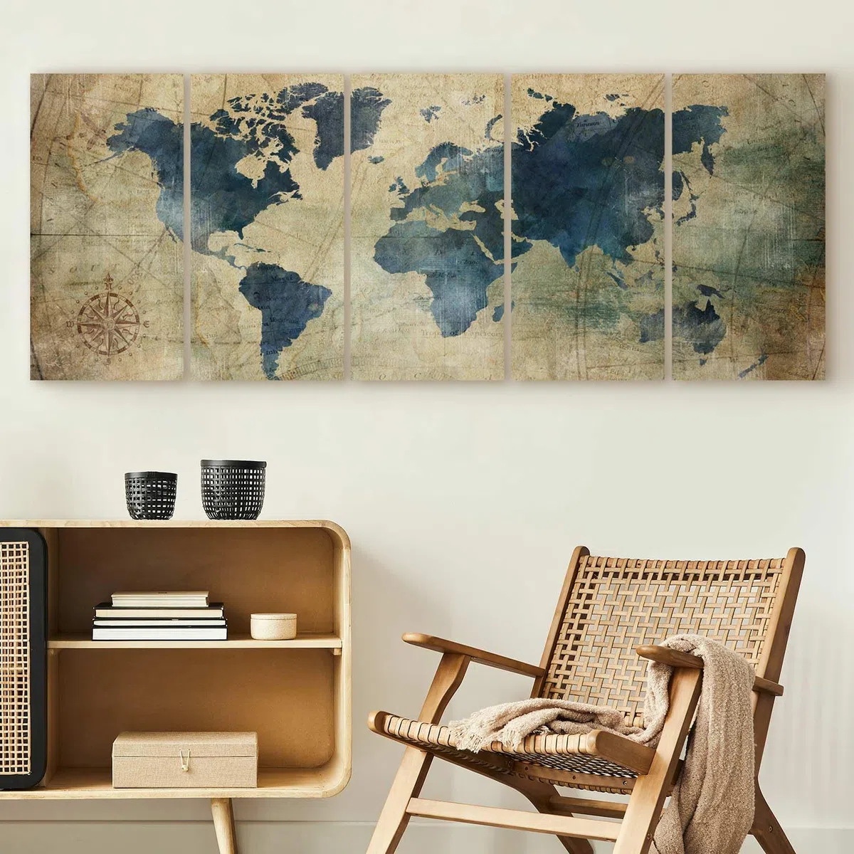 murando - Quadro Mappamondo 150x60 cm 5 pezzi Stampa su tela XXL Immagini Moderni Quadri Murale Fotografia Grafica Soggiorno Decorazione da parete Rosa dei Venti Blu Terra Mondo k-A-0415-b-m
