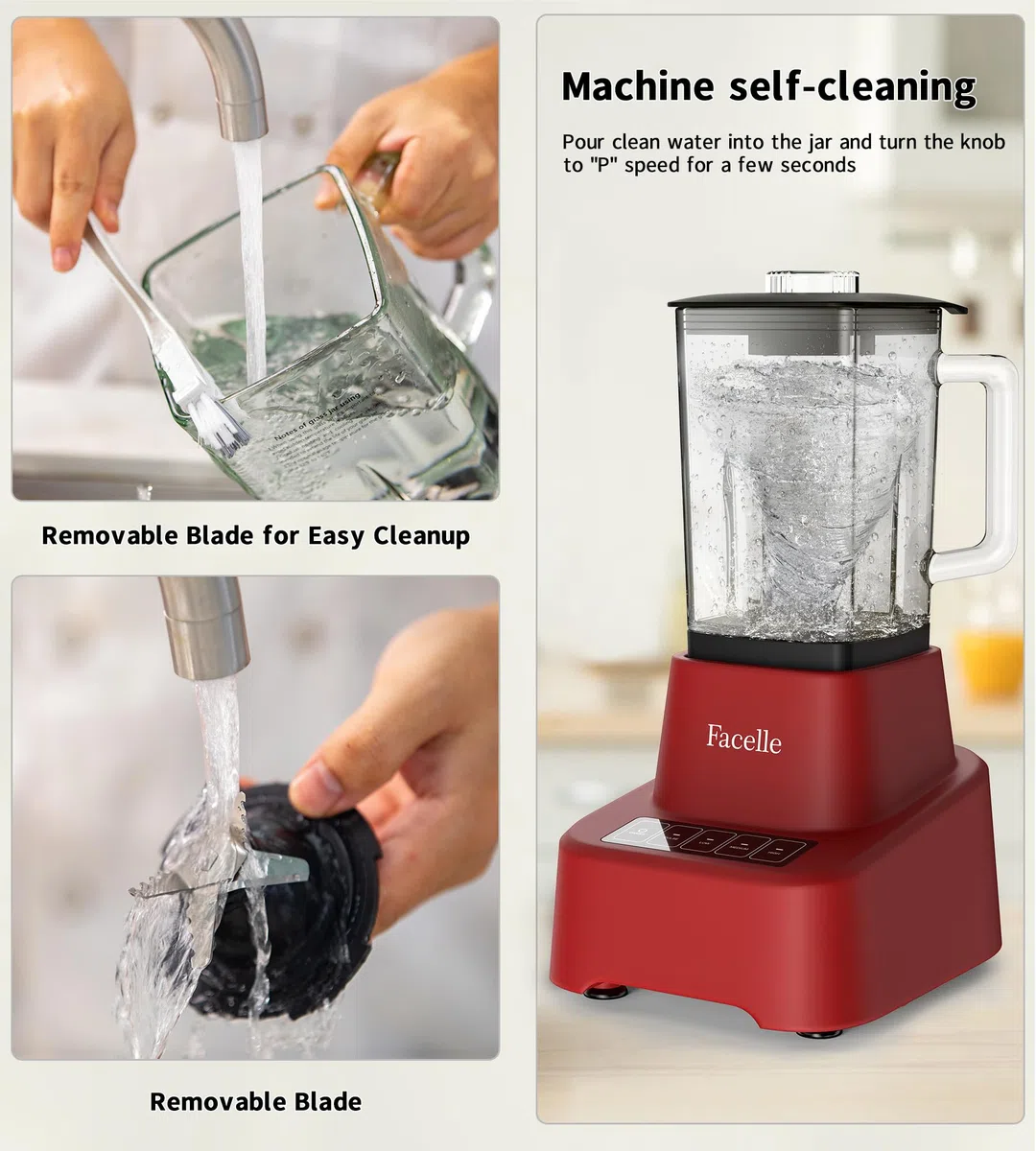 Facelle Frullatore Elettrico per Cucina, Frullatore in Vetro da 1,6L per Frullati e Frappè, con touchscreen 3+P Velocità, Spazzola per la Pulizia e Lama in Acciaio Inox Removibile - Rosso