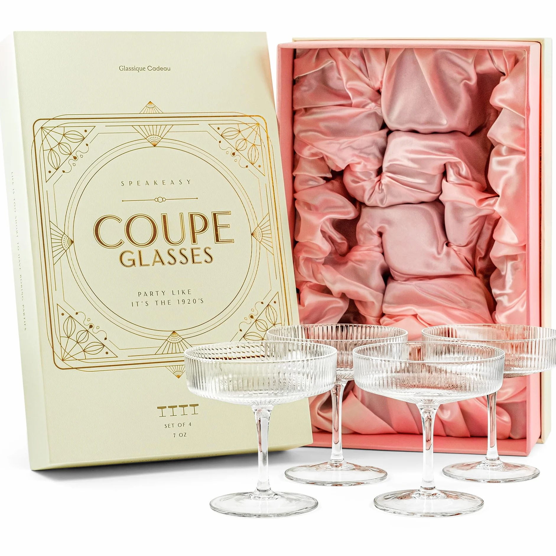 GLASSIQUE CADEAU Vintage Art Deco - Bicchieri coupé a coste, set da 4 pezzi, 200 ml, classici bicchieri da cocktail per champagne, espresso, martini, cosmopolitan, daiquiri
