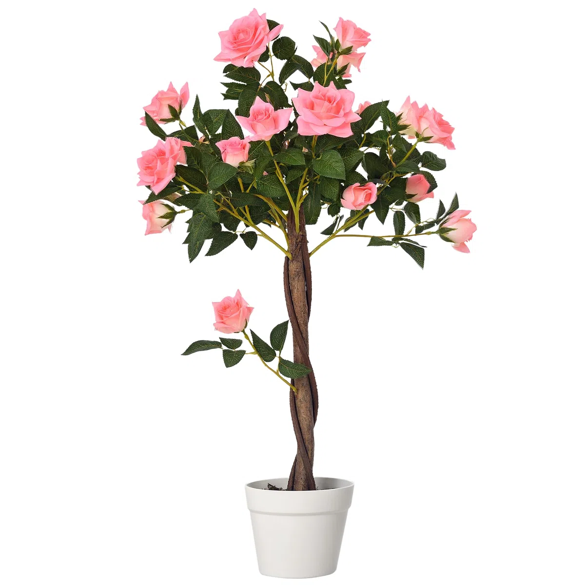 Outsunny Pianta Finta di Rosa da 21 Fiori con Vaso Riempito in Cemento e Muschio, Pianta Artificiale Anti-UV in Plastica e Tessuto, Ø18x90 cm, Rosa