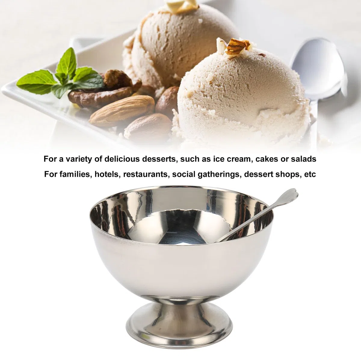 4 Pezzi Ciotole per Gelato in Acciaio Inossidabile, 200ml Coppe da Dessert Riutilizzabili con Forchetta, Ciotole con Piede per Gelato per Snack, Caramelle, Insalata, Frutta