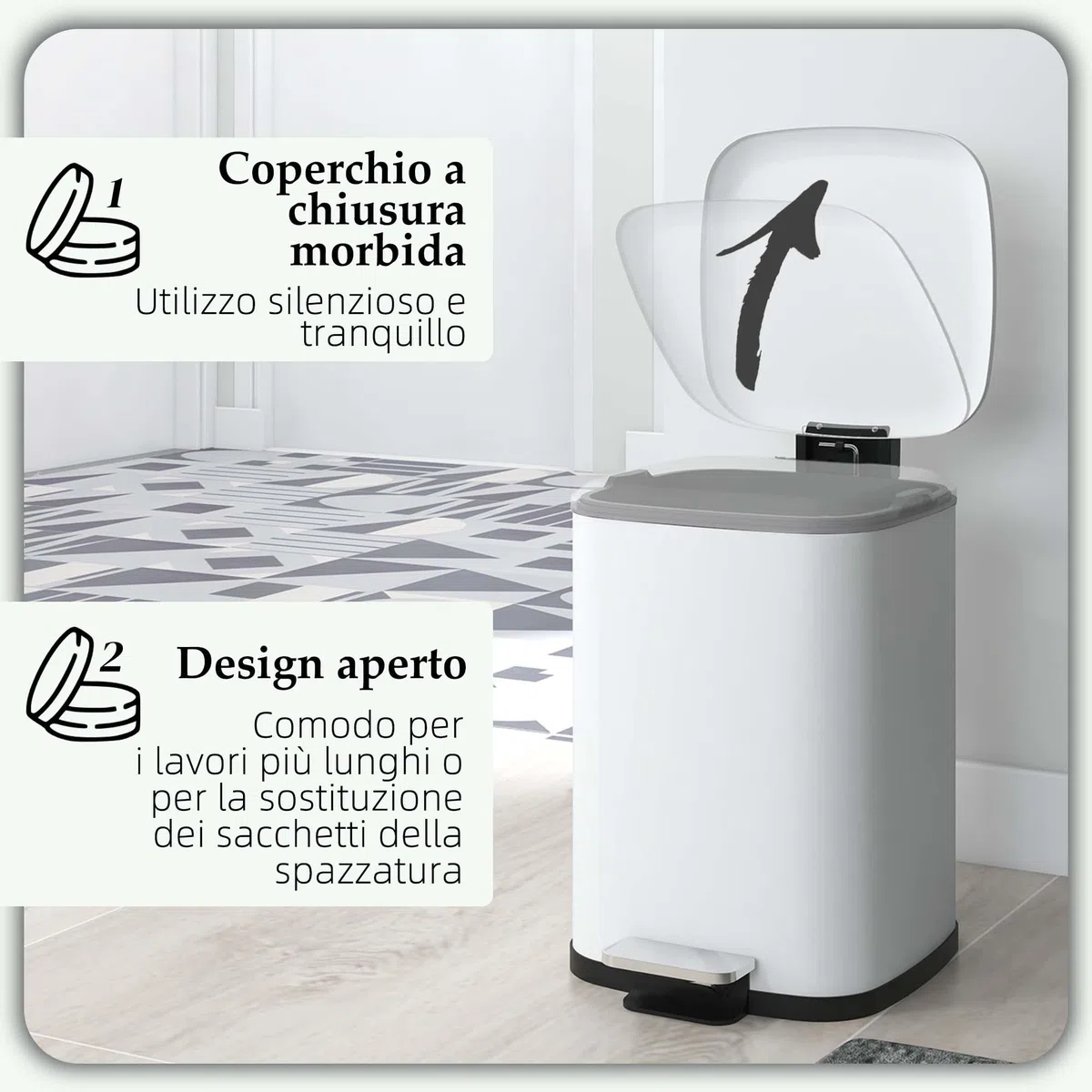 HOMCOM Bidone Immondizia da 12L a Pedale con Chiusura Silenziosa, Cestino Rifiuti in Metallo e PP, 24.5x32x34.5 cm, Bianco