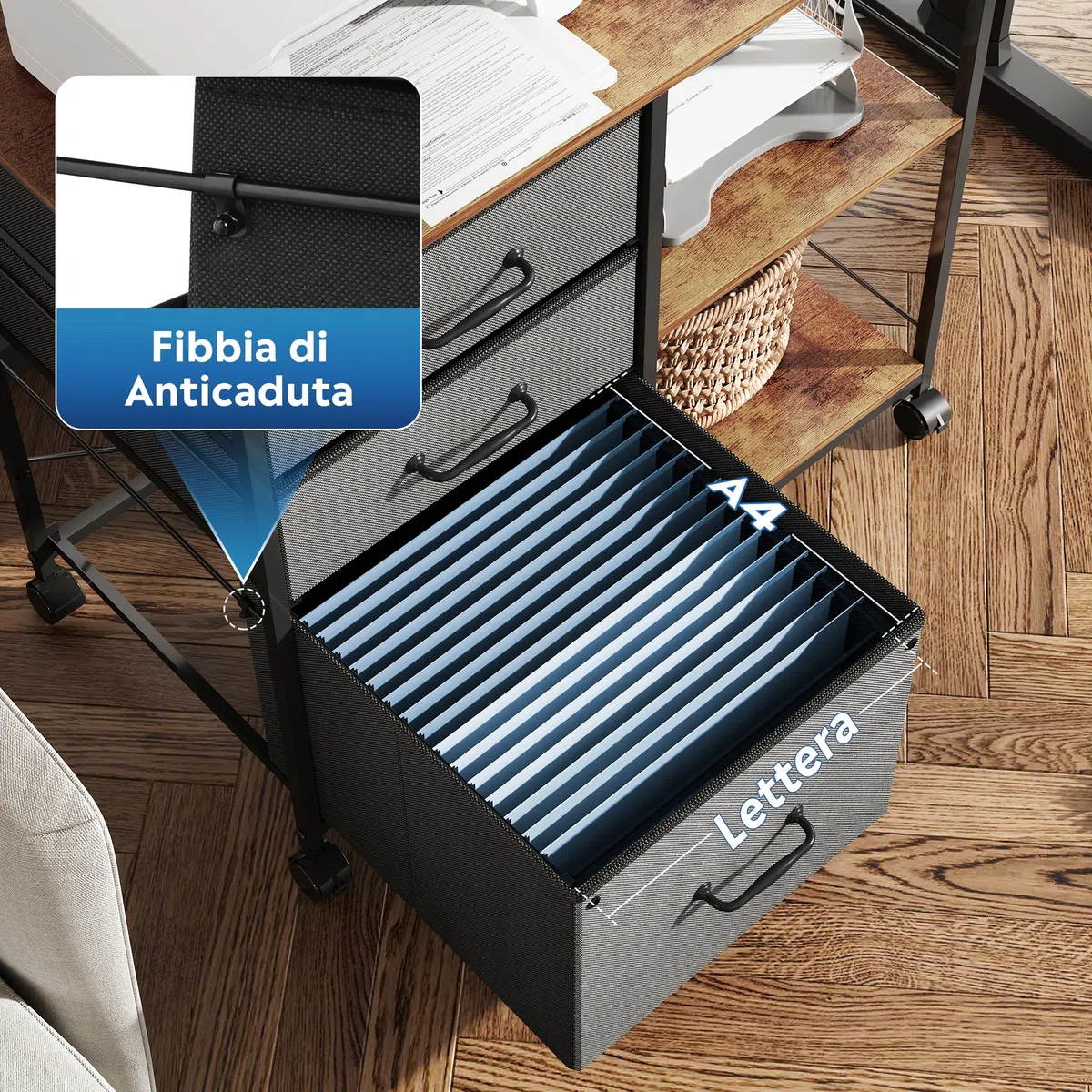 DEVAISE Cassettiera Mobile 3 Cassetti Grigia, Portastampante con Ripiano Aperto e Contenitore in Tessuto per Documenti A4/Letter, per Ufficio Casa