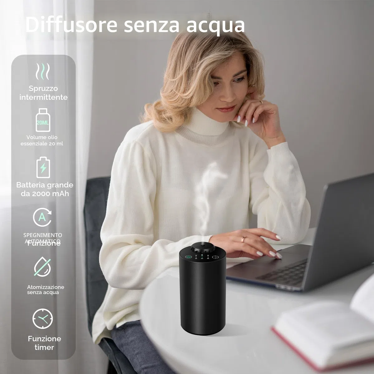 Diffusore senza acqua per oli essenziali,Alimentato a batteria， tecnologia ad ultrasuoni, diffusore per auto, lega di alluminio nero