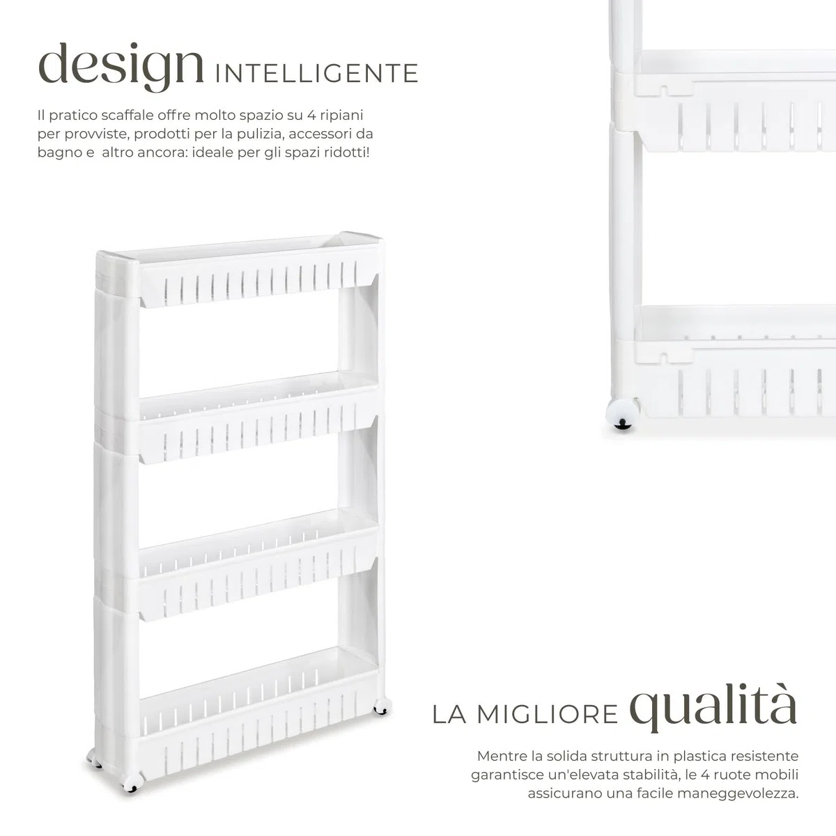 tectake® Carrello da Cucina Slim 54x12x101cm, Mobiletto Salvaspazio Multiuso con 4 Ripiani, Carrello con Ruote, Mobile Cucina Porta Detersivi Salvaspazio, Portaoggetti Bagno, Ripostiglio - Bianco