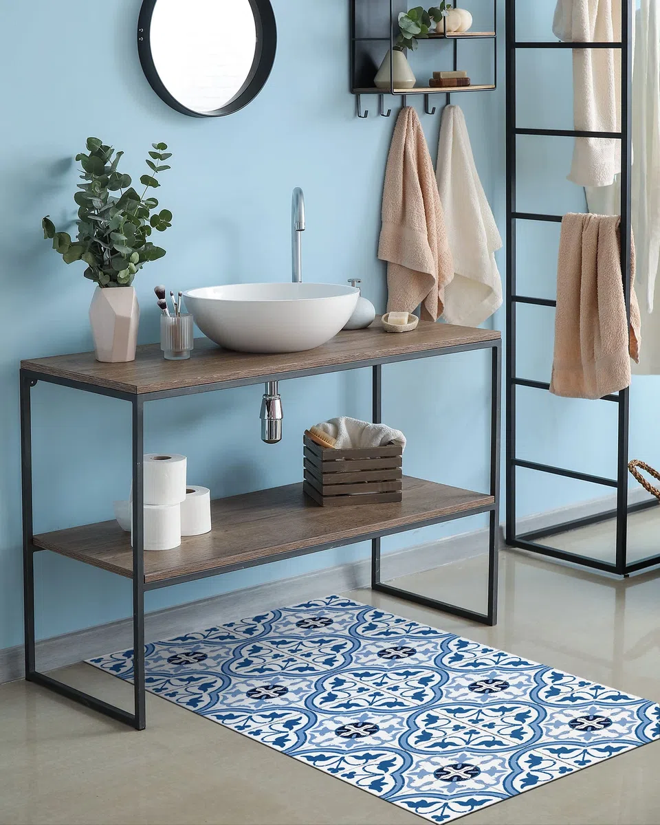 Panorama Tappeto Vinile - Modello Idraulico Fiore Blu 60x110 cm - Varie Dimensioni - Tappetino Lavabile per la Cucina - Passatoia PVC Antiscivolo