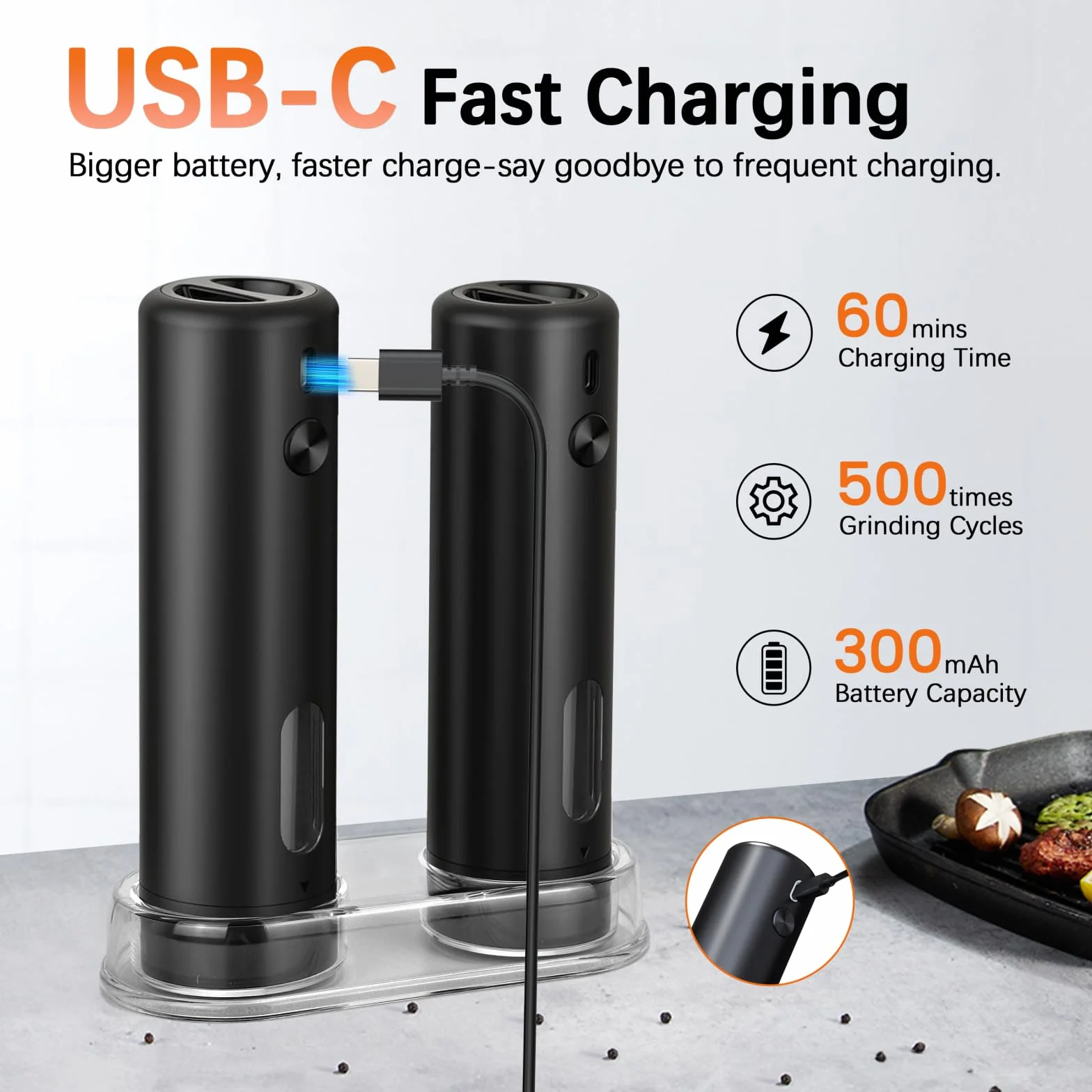 MERTTURM Set Macinapepe e Sale Elettrico, Macinino Ricaricabile USB con Base Trasparente/Cerinca, Grana Regolabile, Funzionamento a Una Mano, Macinino Portatile per Cucina/Casa/BBQ