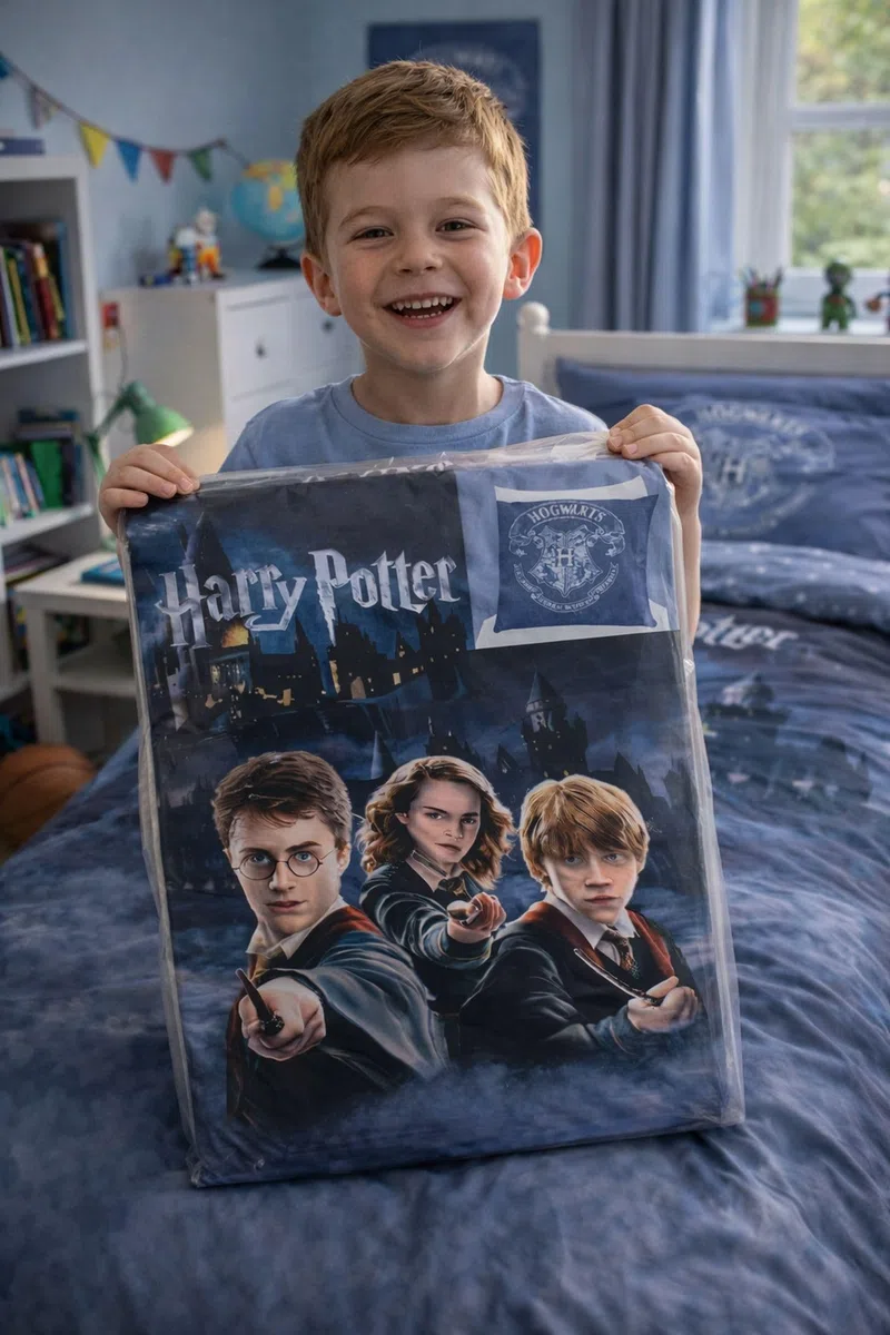 Harry Potter, set di biancheria da letto 135x200 80x80 con federa Hogwarts [con sacchetto portaoggetti], 100% cotone, privo di sostanze nocive, conforme a Öko-Tex Standard, dimensioni tedesche