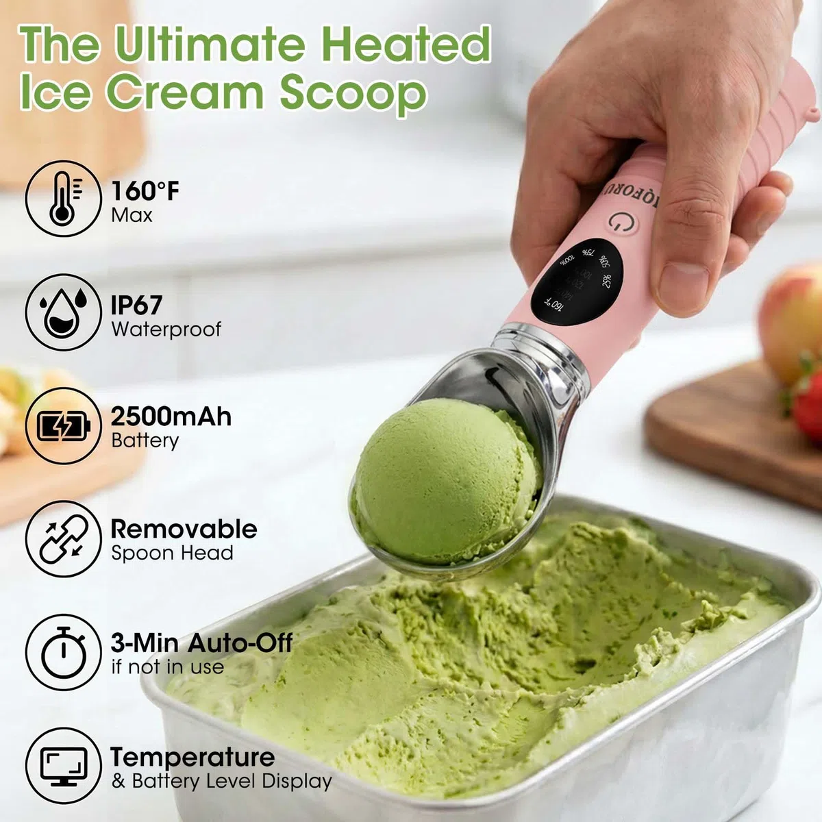 MQFORU Paletta per gelato riscaldata, paletta per gelato elettrica ricaricabile con display LED, calore portatile a 4 livelli 40-70° C, 2500 mAh per gelato duro, adatta per lavastoviglie (Rosa)