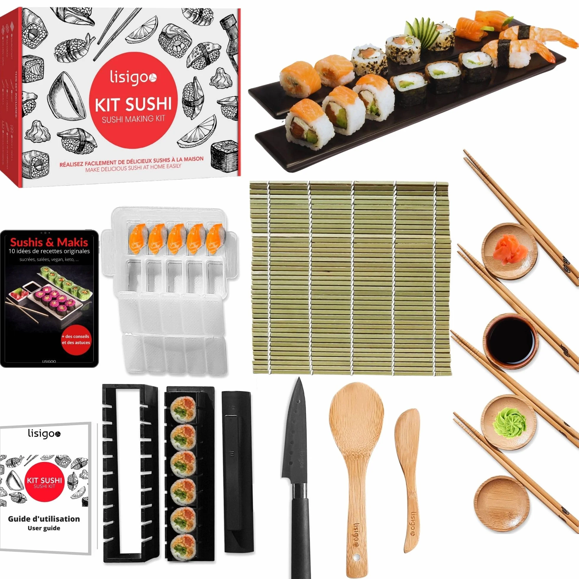 Kit sushi maki maker completo – Apparecchio per produzione di sushi makis – Cofanetto con stuoia in bambù, coltello giapponese, bacchette, stampo per maki, senza BPA – idea regalo uomo donna