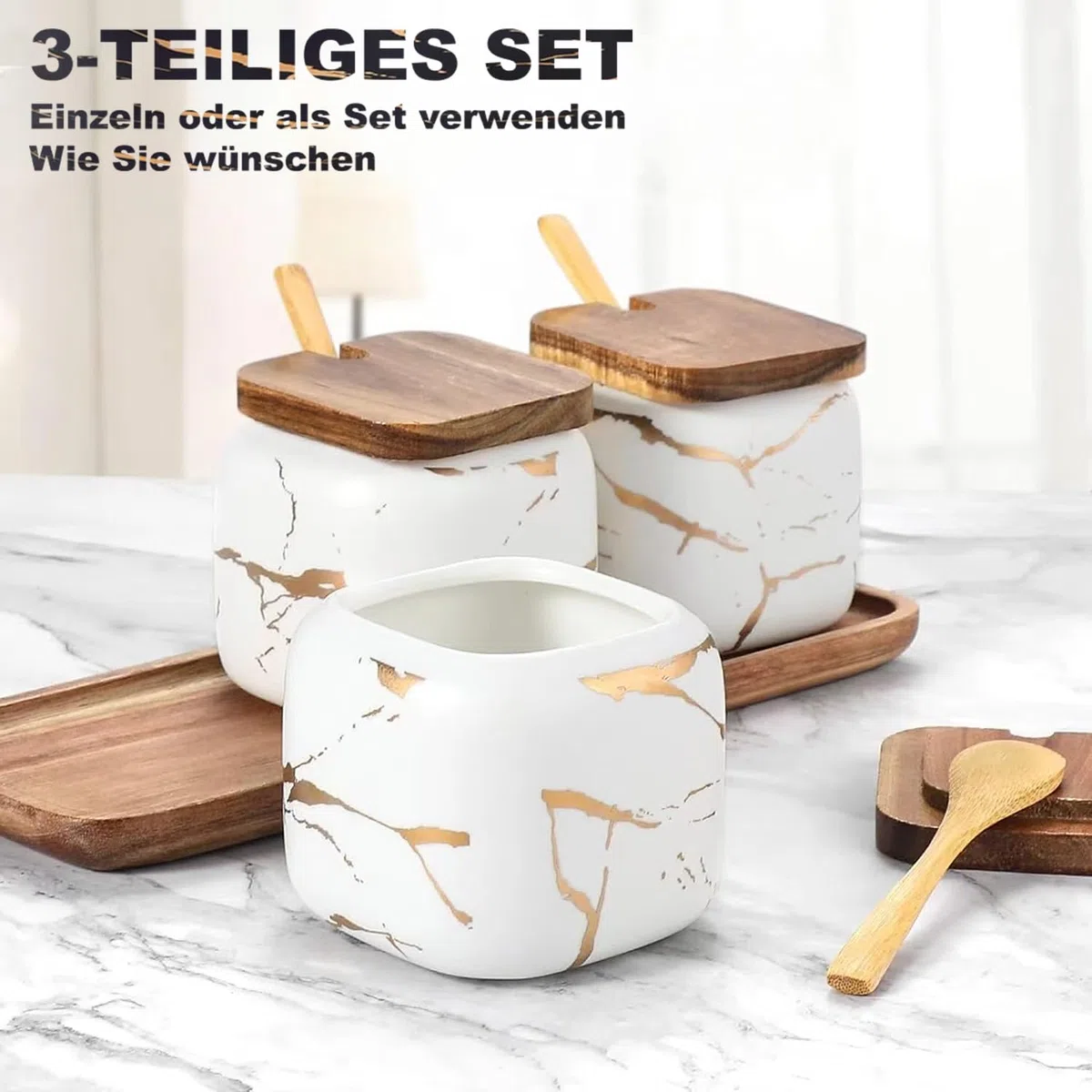 Set Zuccheriera in Ceramica, 3 pz Condimento Box con Coperchio e Cucchiaio e Vassoio, Jar, Scatola, Barattolo Utensili da Cucina Forniture per Spezie, Bianca