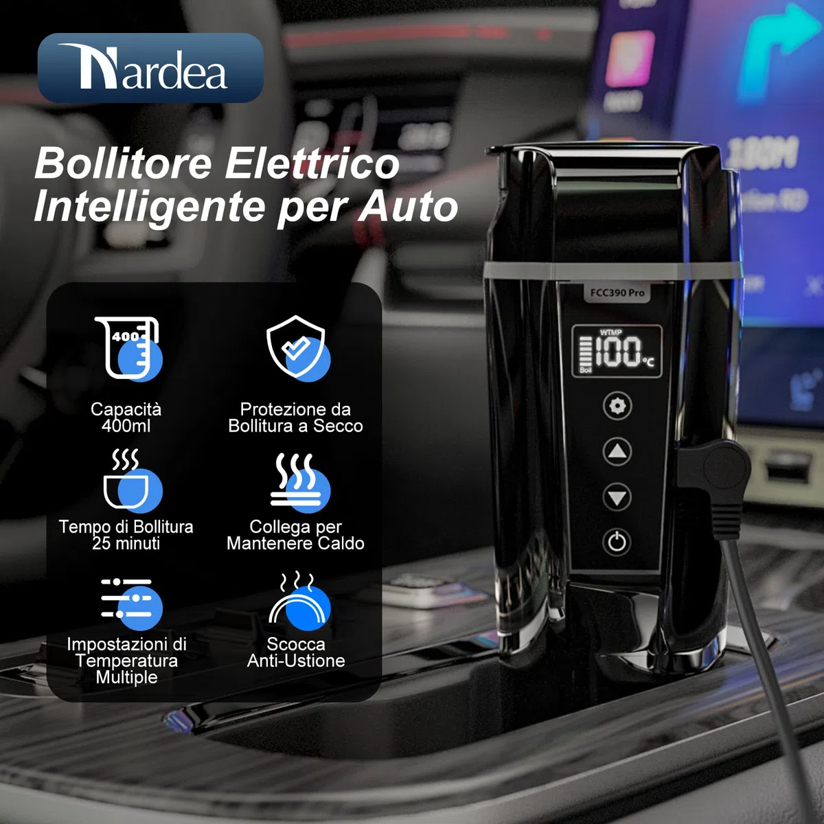Bollitore Elettrico Portatile per Auto 24/12v, Bollitore da Viaggio con Accendisigari per Auto e Camion, Bollitore Elettrico per Auto con Temperatura Regolabile, Spegnimento Automatico, 450ml