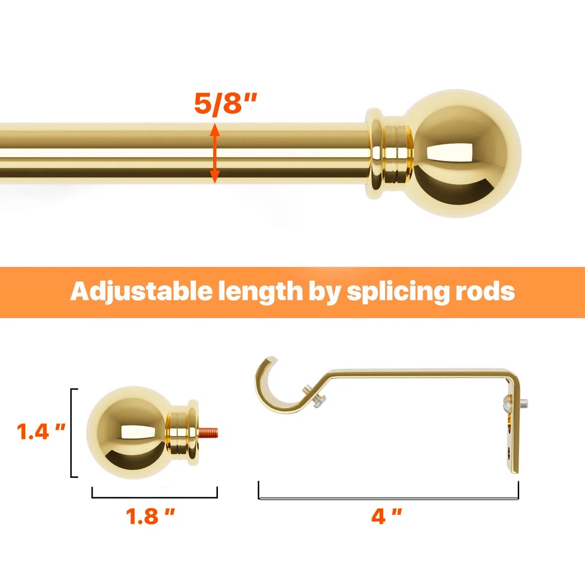 Bastoni per tende dorati per finestre da 66 a 120, asta lunga regolabile per tende per patio esterno, porta scorrevole in vetro, set di aste decorative per tendaggi di diametro 5/8, asta per tende