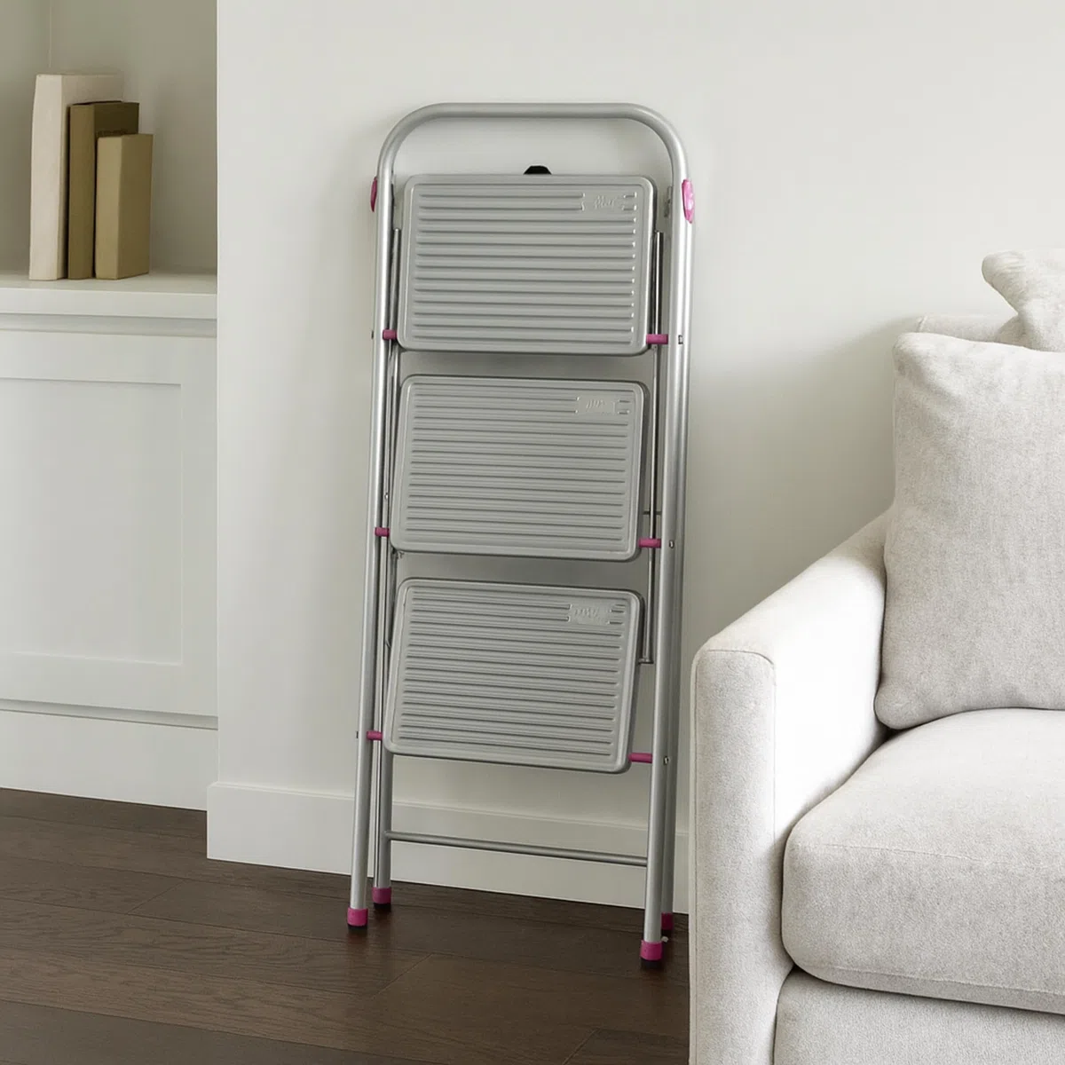Kleeneze Scaletta Pieghevole Salvaspazio - 3 Gradini, 105 cm, con Piedini Antiscivolo, Capacità 150 kg, Colore Rosa/Grigio