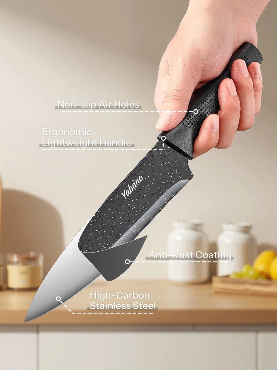 Yabano Set Coltelli da Cucina 7 Pezzi con Ceppo in Plastica e Affilatore Integrato, Lame Antiaderenti e Antiruggine in Acciaio Inox (Maculato)