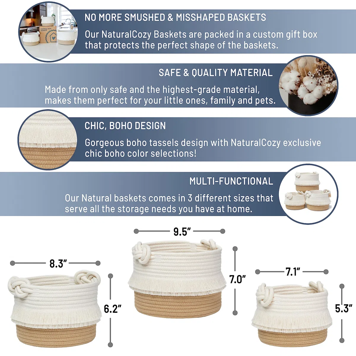 NaturalCozy 3 cestini con nappe (bianco sporco e marrone)