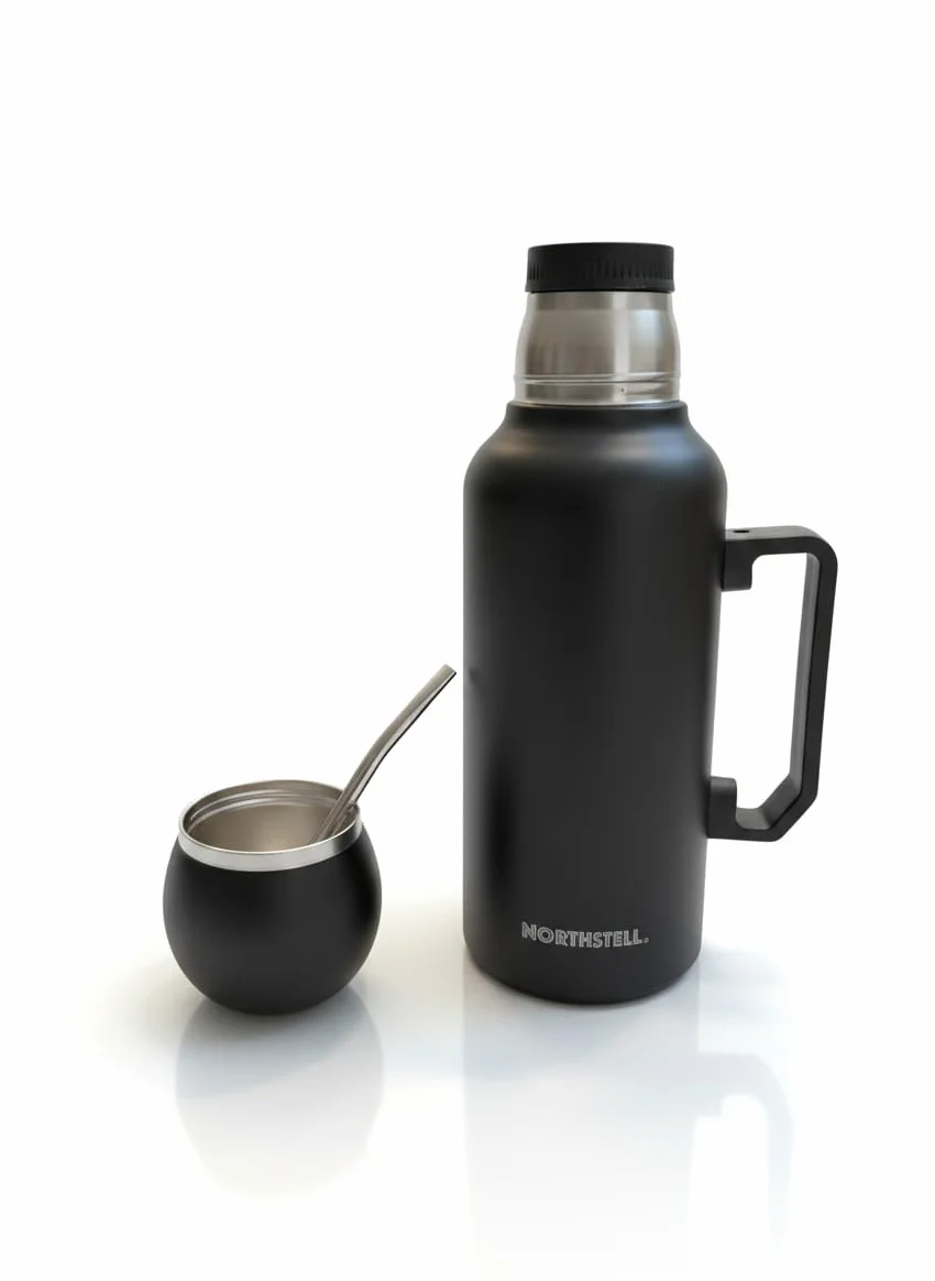 Thermo per Mate Argentino 1,3L in Acciaio Inox con Tappo che Diventa Mate e Bombilla Integrata – Borraccia Termica Grande 1300ml Doppia Parete, Senza BPA, Mantiene Caldo e Freddo (Nero)