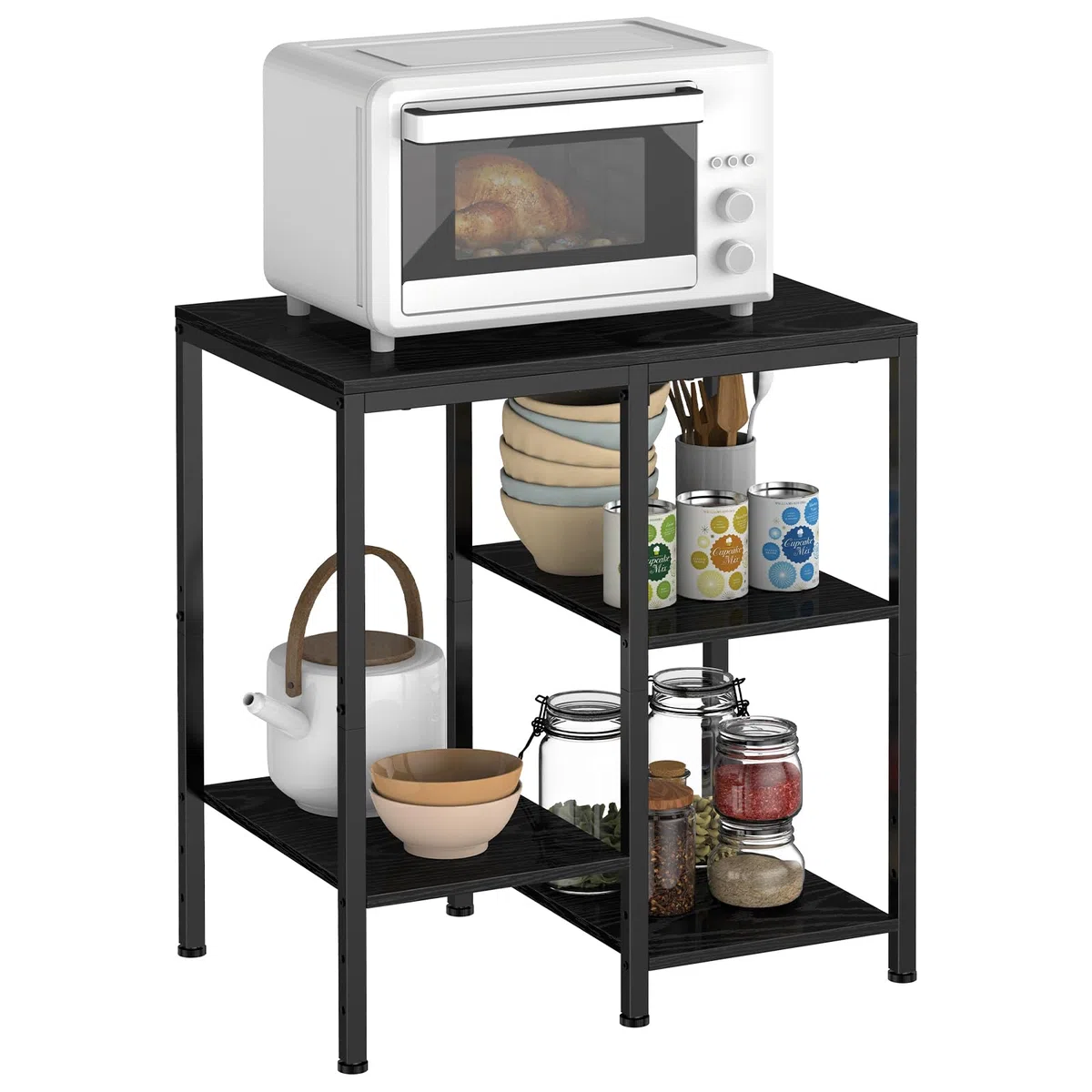 smusei Scaffalatura multifunzione a 4 livelli, regolabile, per forno, microonde, stampante, in legno con ripiani sfalsati, 67 x 40 x 59 cm, colore nero
