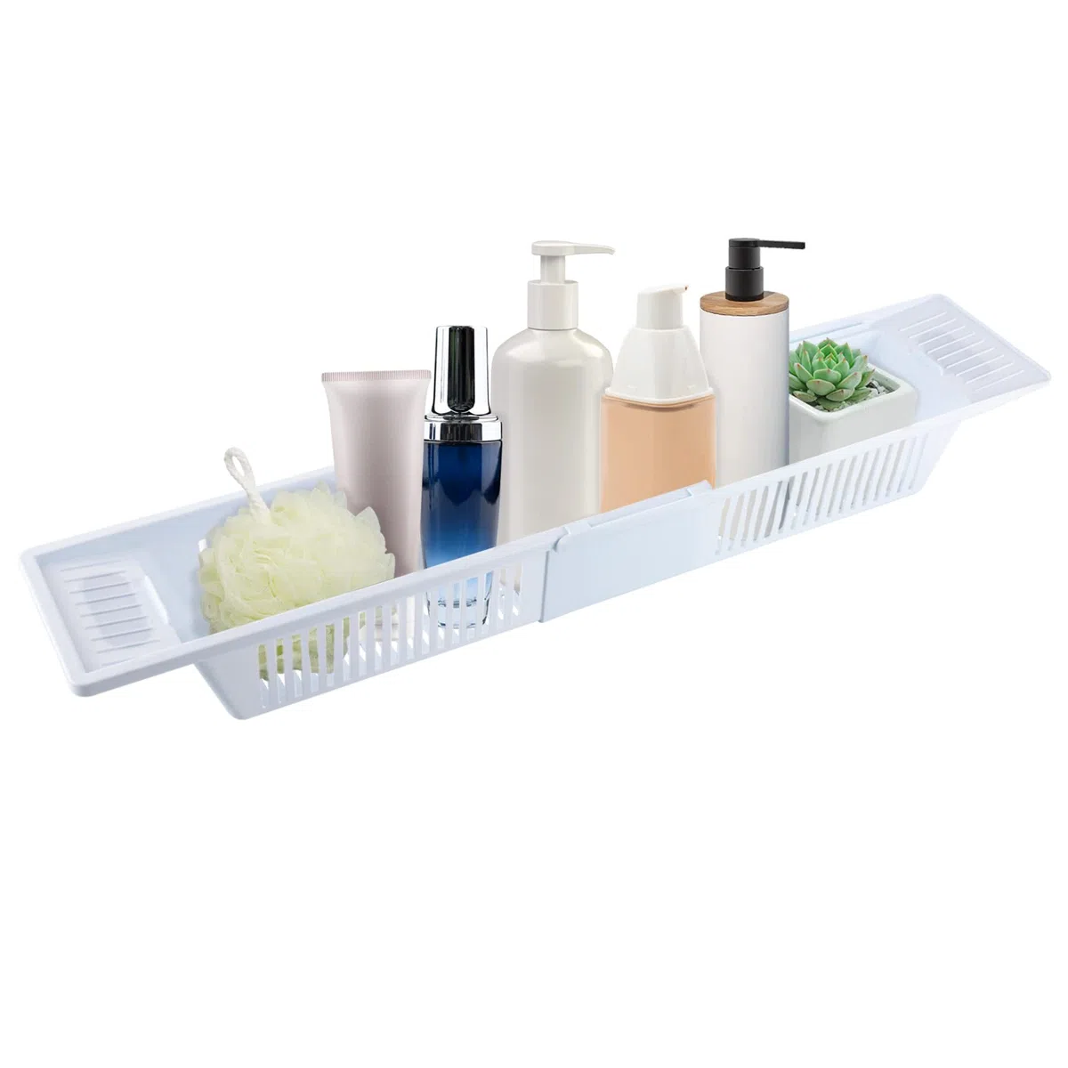 Vasca da bagno retrattile, colore bianco, in PP, regolabile 57 – 80 cm, vassoio da bagno per vasca e lavello della cucina, per articoli da toeletta e stoviglie