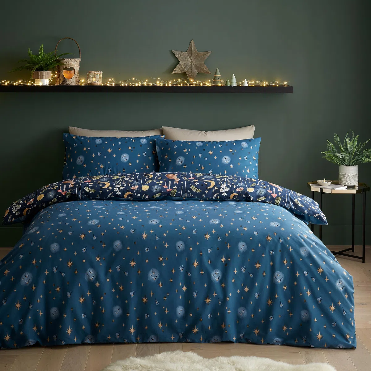 Catherine Lansfield Enchanted Twilight Animals - Set copripiumino matrimoniale reversibile con federe, colore: blu navy