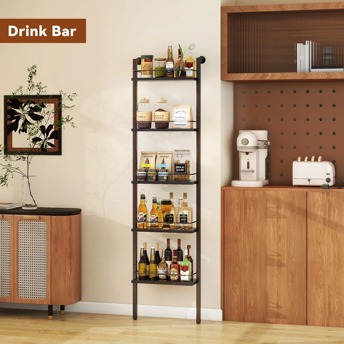YMYNY 5-Tier scaffali di vino indipendenti, scaffale di esposizione bottiglie di liquore con recinzioni, scaffale galleggiante montato a parete per la cucina, 43 x 20 x 177CM Nero HWR001B