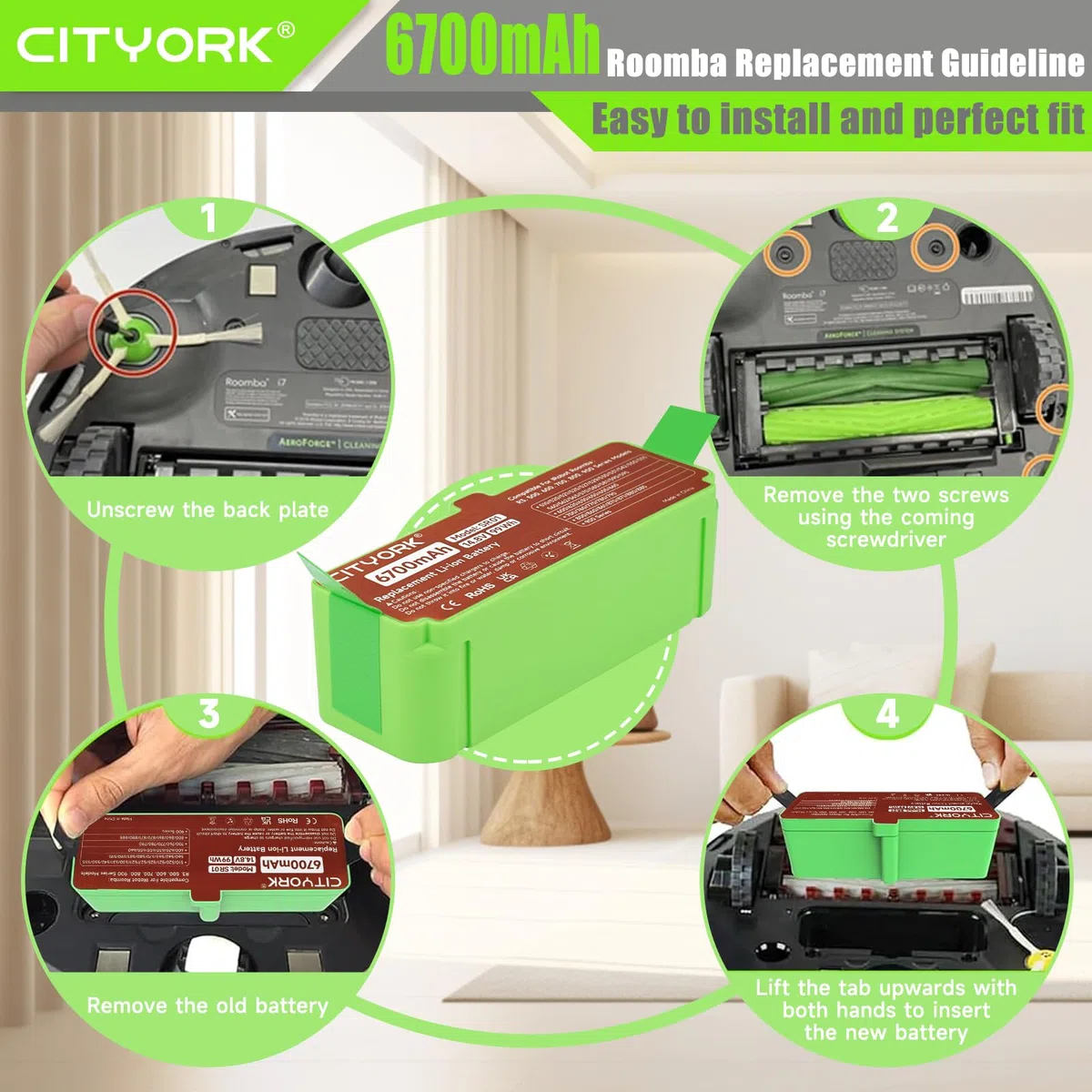 CITYORK 6700mAh Litio Batteria per iRobot Roomba 980 981 985 976 971 960 966 965 900, 880 896 895 890 891 800, 690 695 680 676 675 650 630 615 606, 780 776 760, 560 555 500 iRobot Roomba Batteria