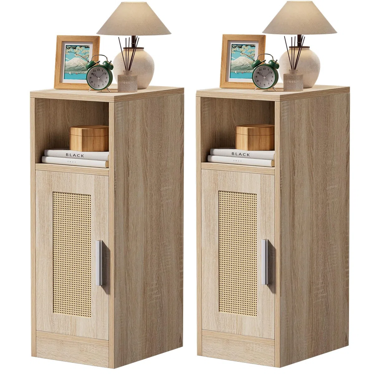 IBUYKE Set di 2 comodini sottili, comodino in rattan con scomparti aperti e armadio per piccoli spazi, tavolino laterale piccolo e stretto per camera da letto e soggiorno, naturale WNS012N-2