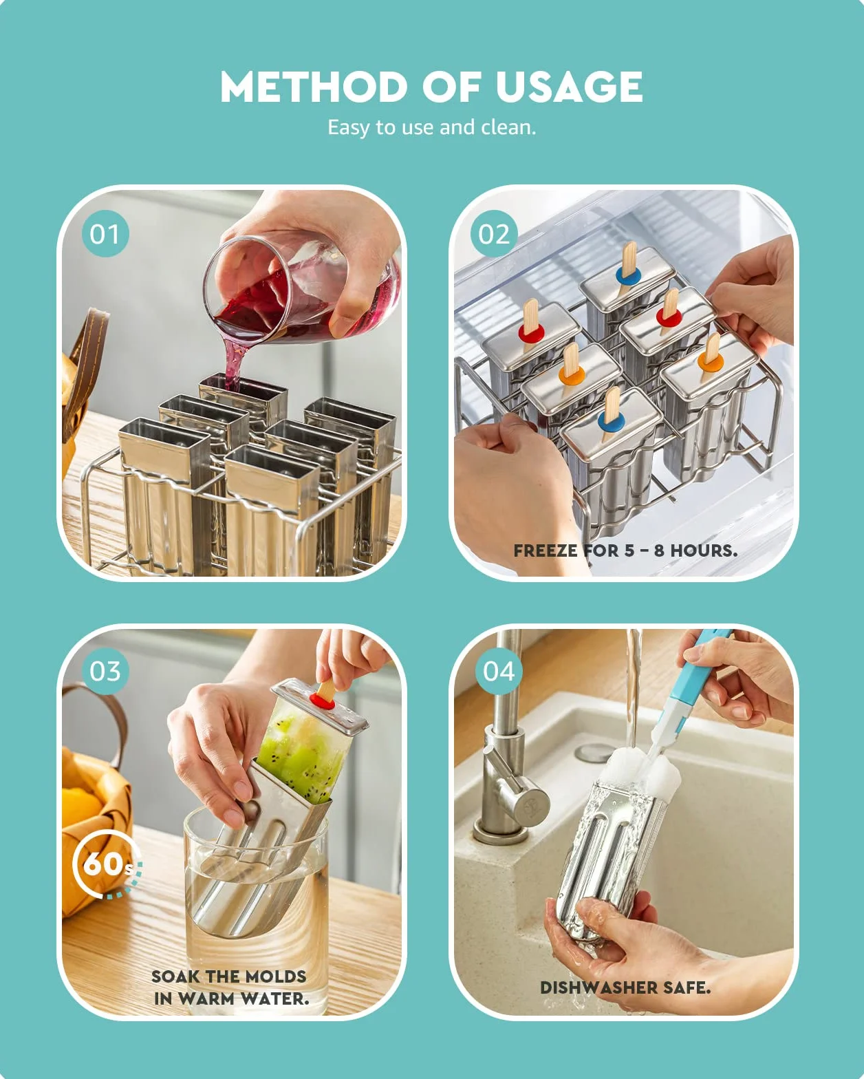 Baffect acciaio inossidabile Popsicle stampo con Stick Holder gelato Mold set di 6