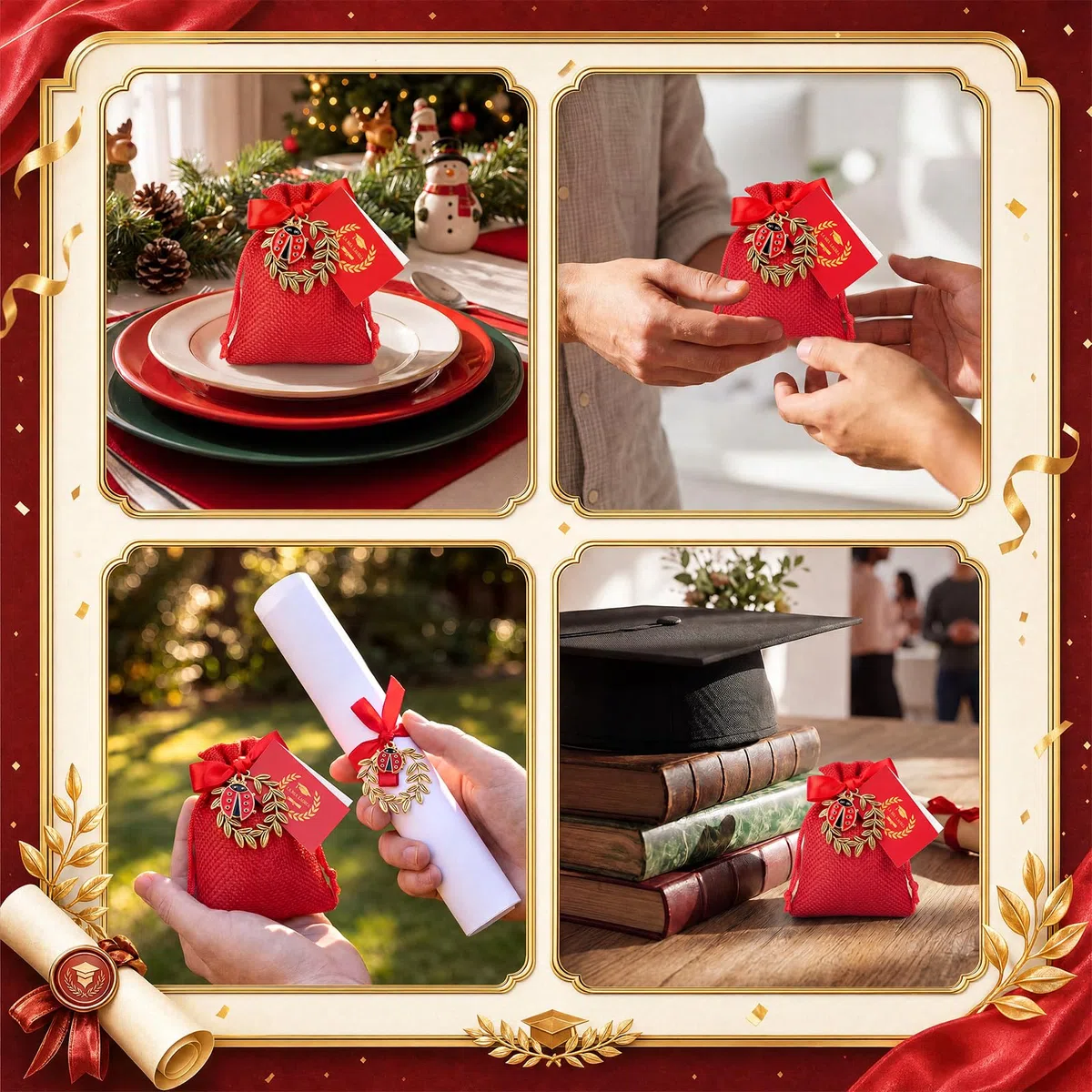 BBTO 60 Sets Souvenir Bomboniere Laurea Include Rosso Sacchetti di Juta Ciondolo a Forma di Corona d'Alloro Ciondoli Coccinella Biglietti di Auguri e Nastro Rosso Regalo di Laurea per Festa