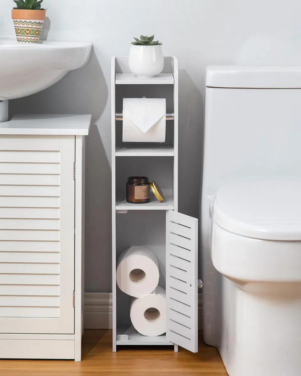 AOJEZOR Supporto porta carta igienica: armadietto da bagno accanto al WC per bagno piccolo spazio con porta rotolo di carta igienica - bianco