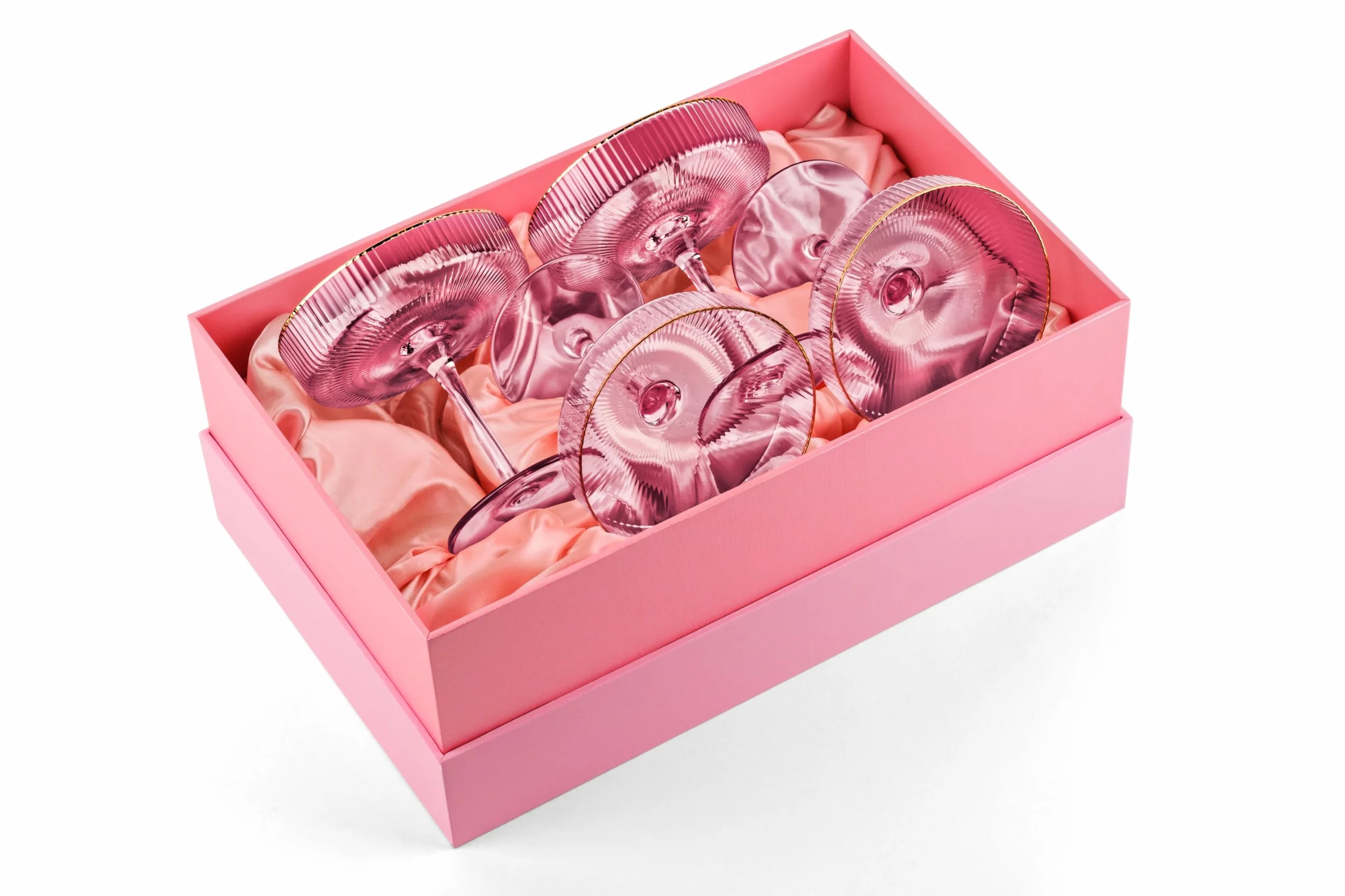 Set di bicchieri da cocktail vintage in stile Art Deco con nervature in delicato rosa con bordo dorato | Set di 4 | Bicchieri da 200 ml per cocktail di champagne, espresso martini, cosmopolitan