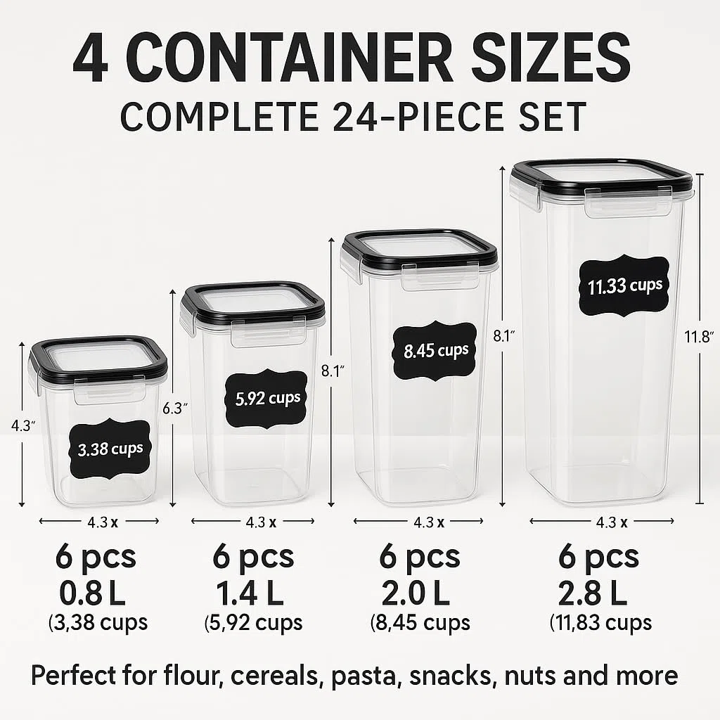 GiDeli Contenitori con coperchio ermetici – Set di 24 contenitori in plastica – senza BPA – Scatole da cucina grandi – Organizzatore per farina, zucchero e grani – con penna ed etichetta
