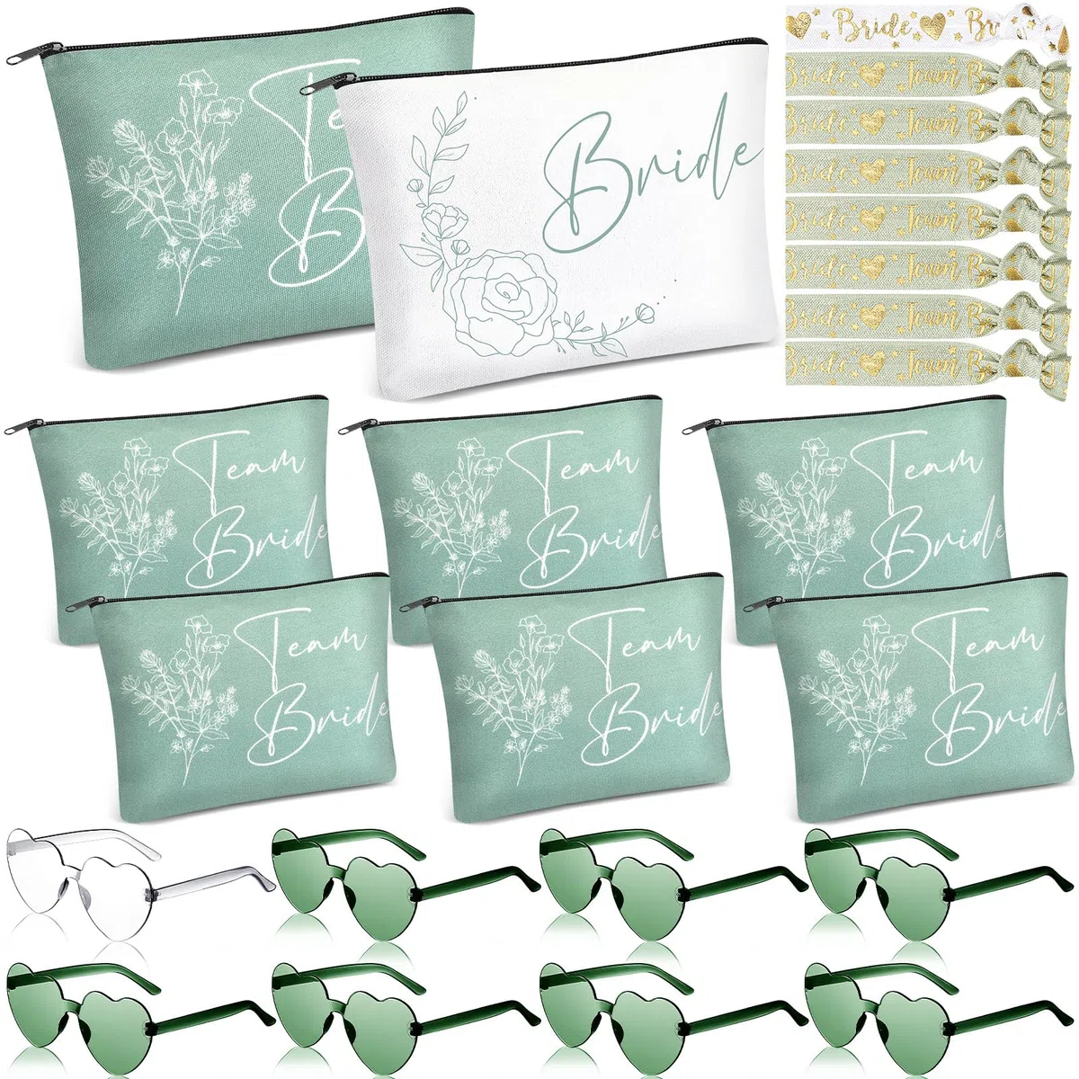 24 Pezzi Regali Nuziali Borsa per il Trucco della Sposa Squadra Occhiali Braccialetto Impostato 8 Borse per Cosmetici 8 Occhiali da Sole a Cuore 8 Braccialetti per Addio al Nubilato Matrimonio