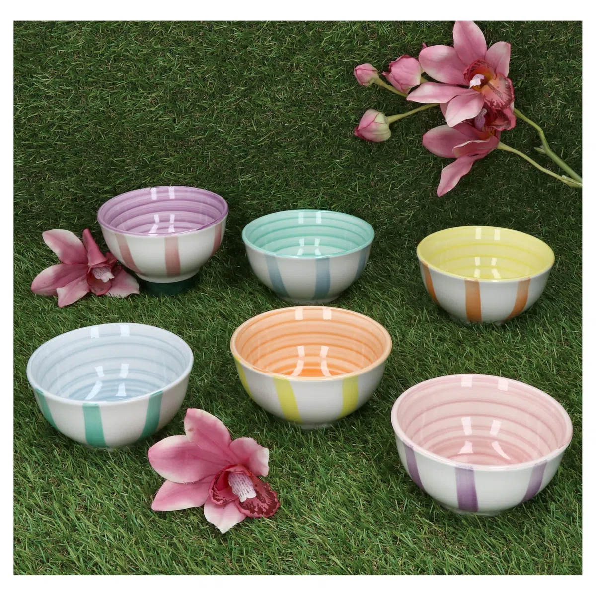 MamboCat Beach Pastello Stripes - Set di 6 ciotole per snack e dip, 12 cm, 220 ml, in gres porcellanato con strisce pastello per 6 persone, mini ciotole per salse, frutta, mini insalata, noci e così